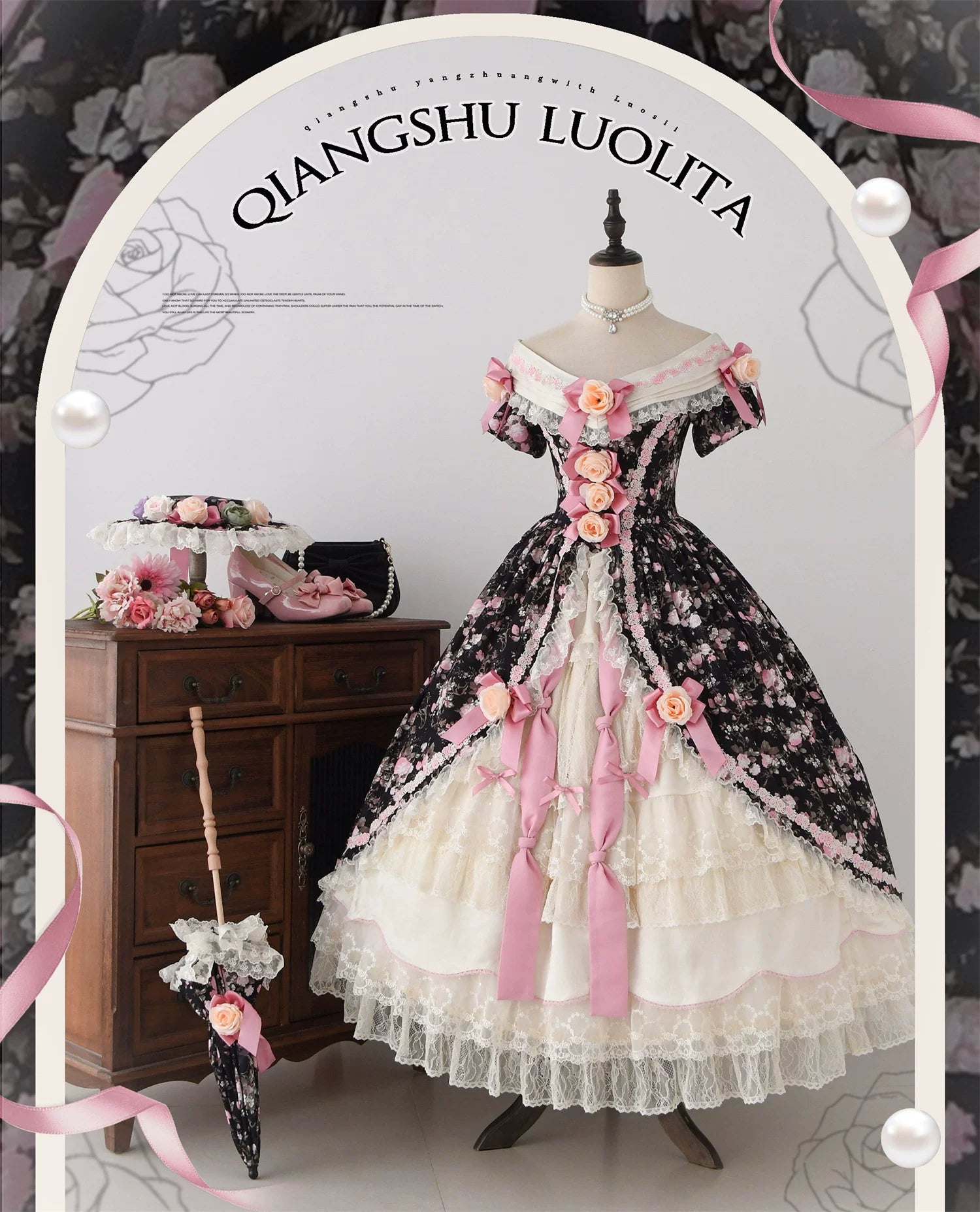 Dolota Flower Wall - Classic Lolita Floral OP Dress, Open Shoulder 44485:811175