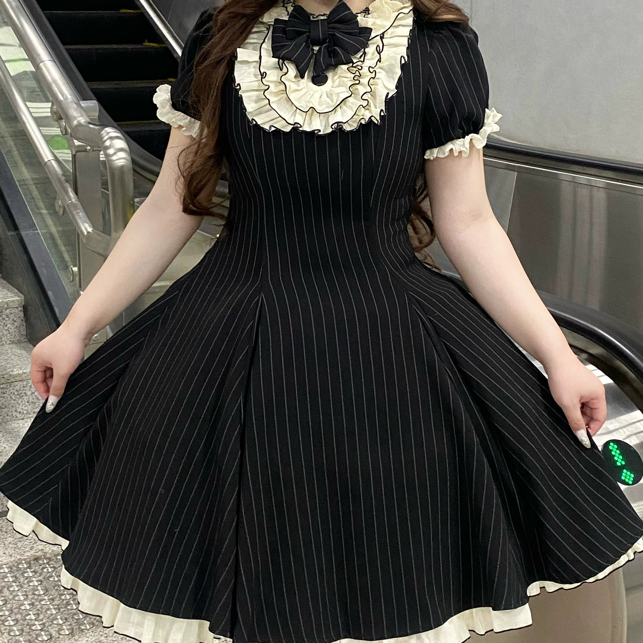 Chubby Cat Diary - Afternoon Tea - Striped Sweet Lolita OP, Petal-Ruffled Apron 44318:804519