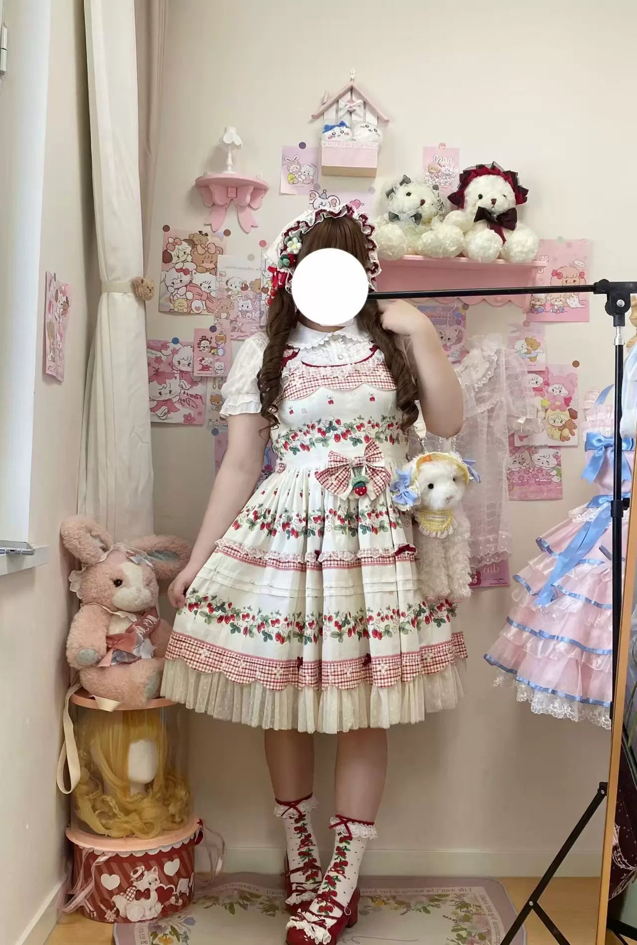 Cranberry and Lucky Clover - Cotton Sweet Lolita JSK Dress, Strawberry and Floral Print 45296:846317