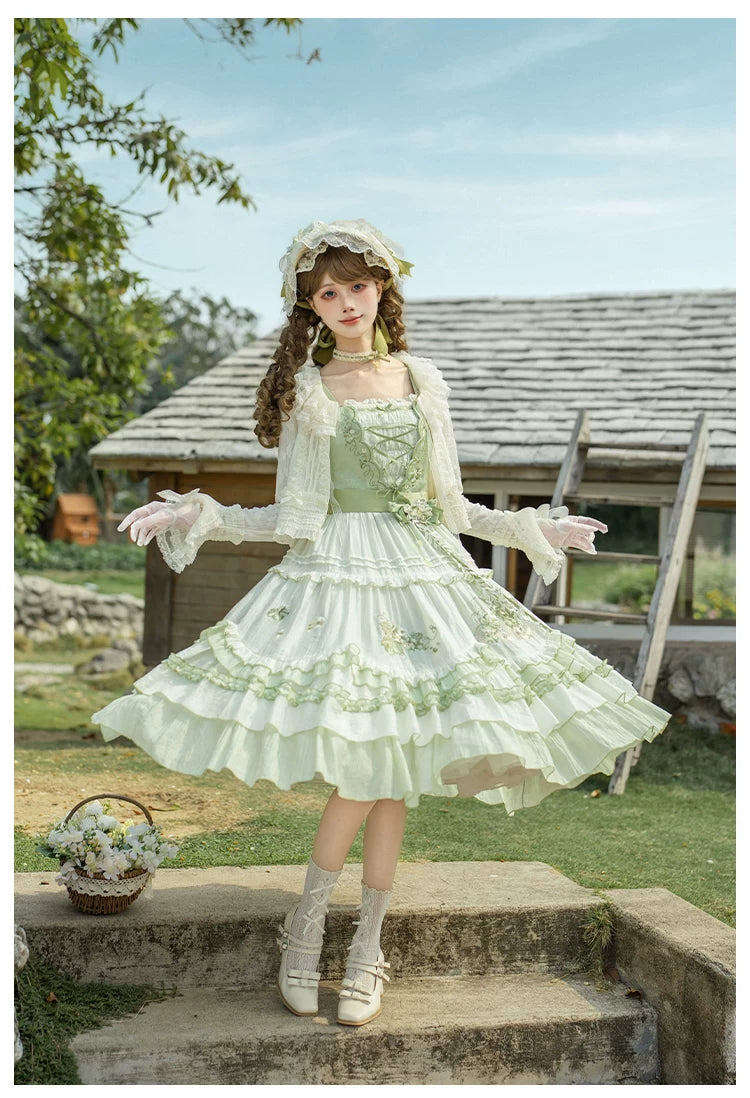 Green Grape - Embroidered Country Lolita OP Dress, Tiered JSK