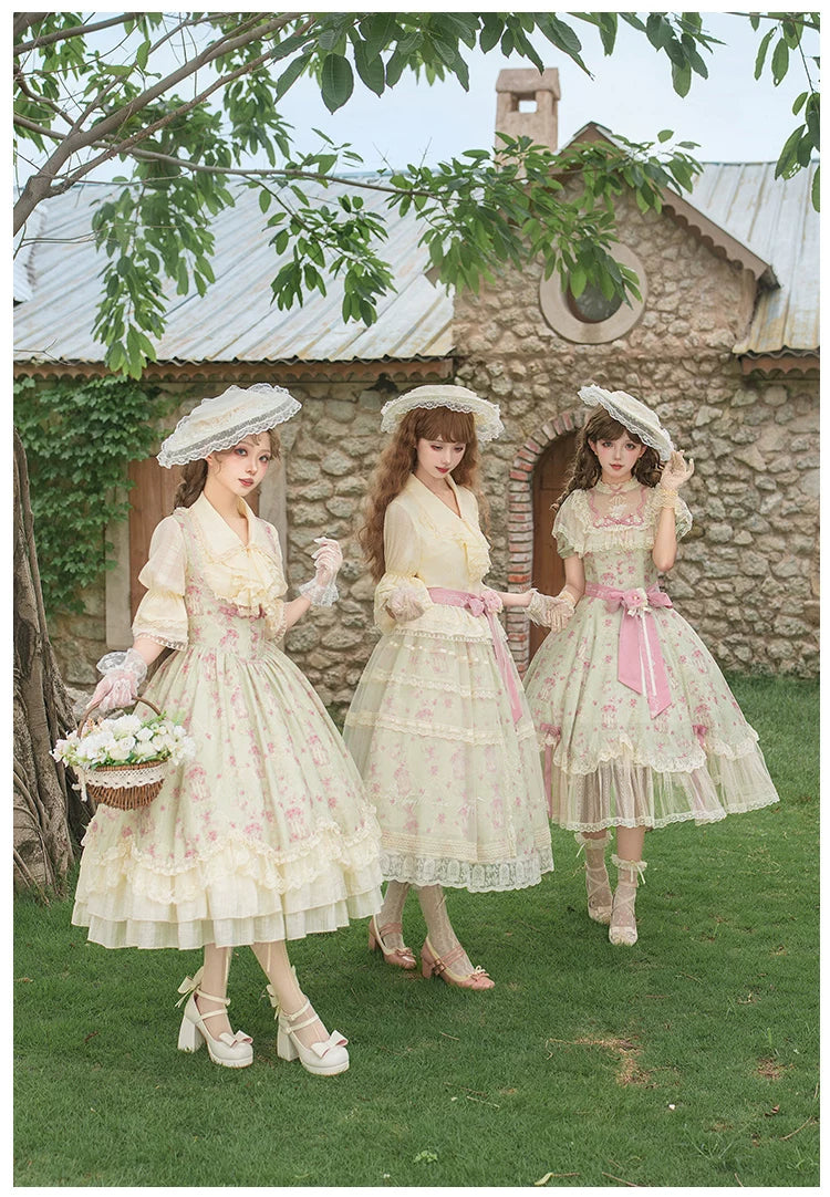 Wind Swept Roses - Classic Lolita Rose Printed Dress Set, Petal Hem