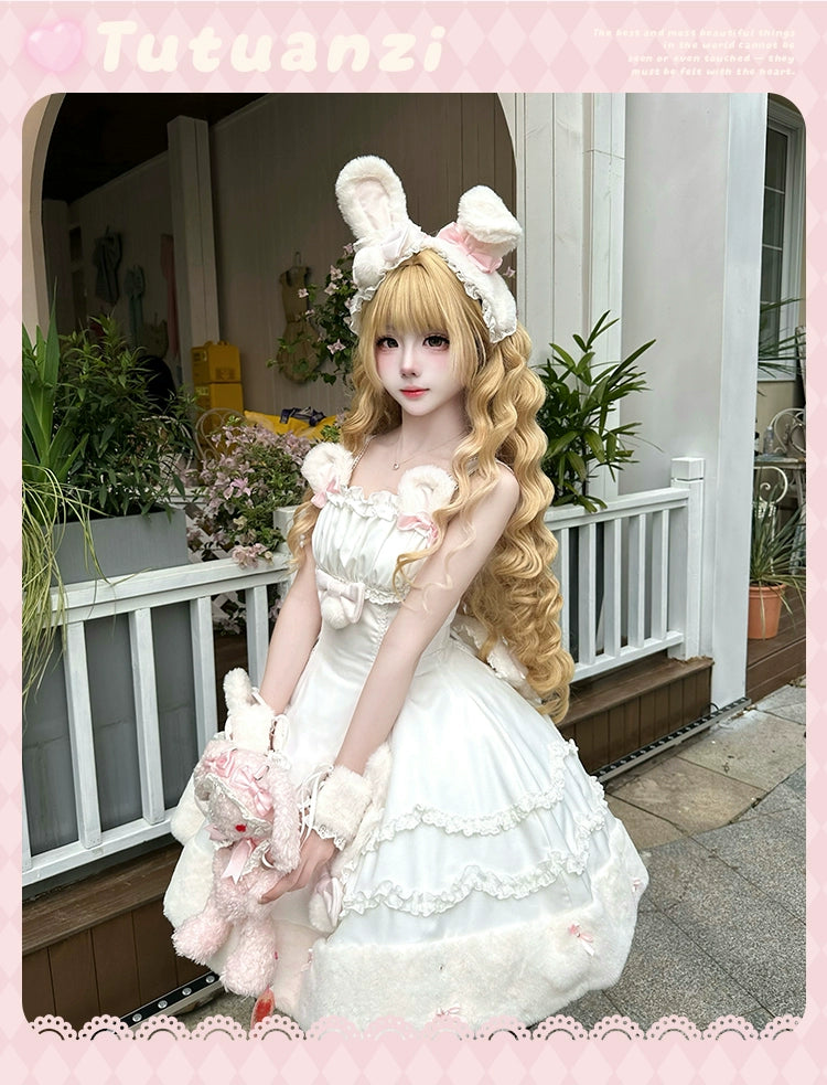 Mengfuzi - Bunny Mochi - Winter Doll-like Sweet Lolita Cape Dress Set