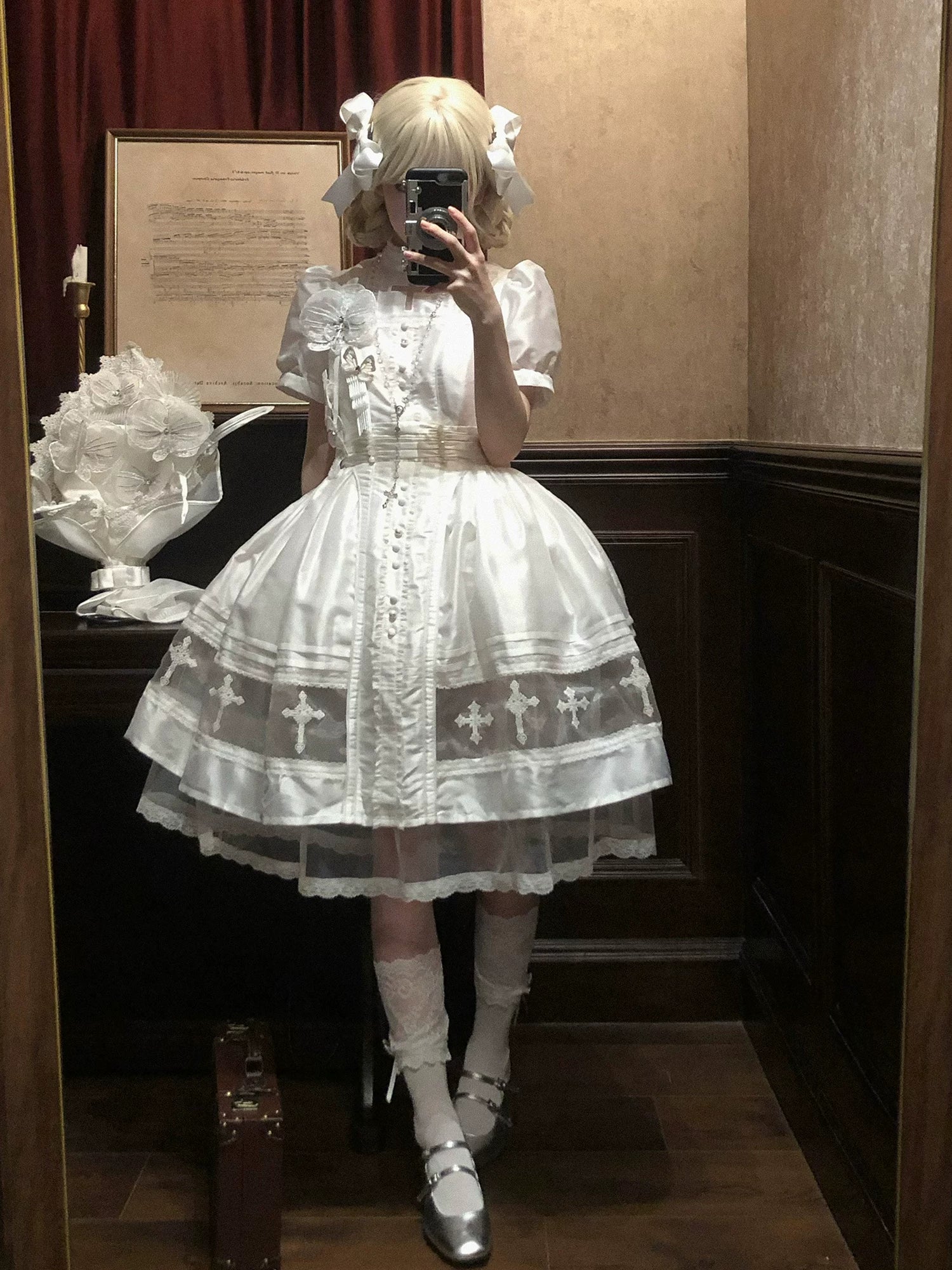 Ghost Orchid - Gothic Lolita OP Dress, Embroidered Cross 45137:835433