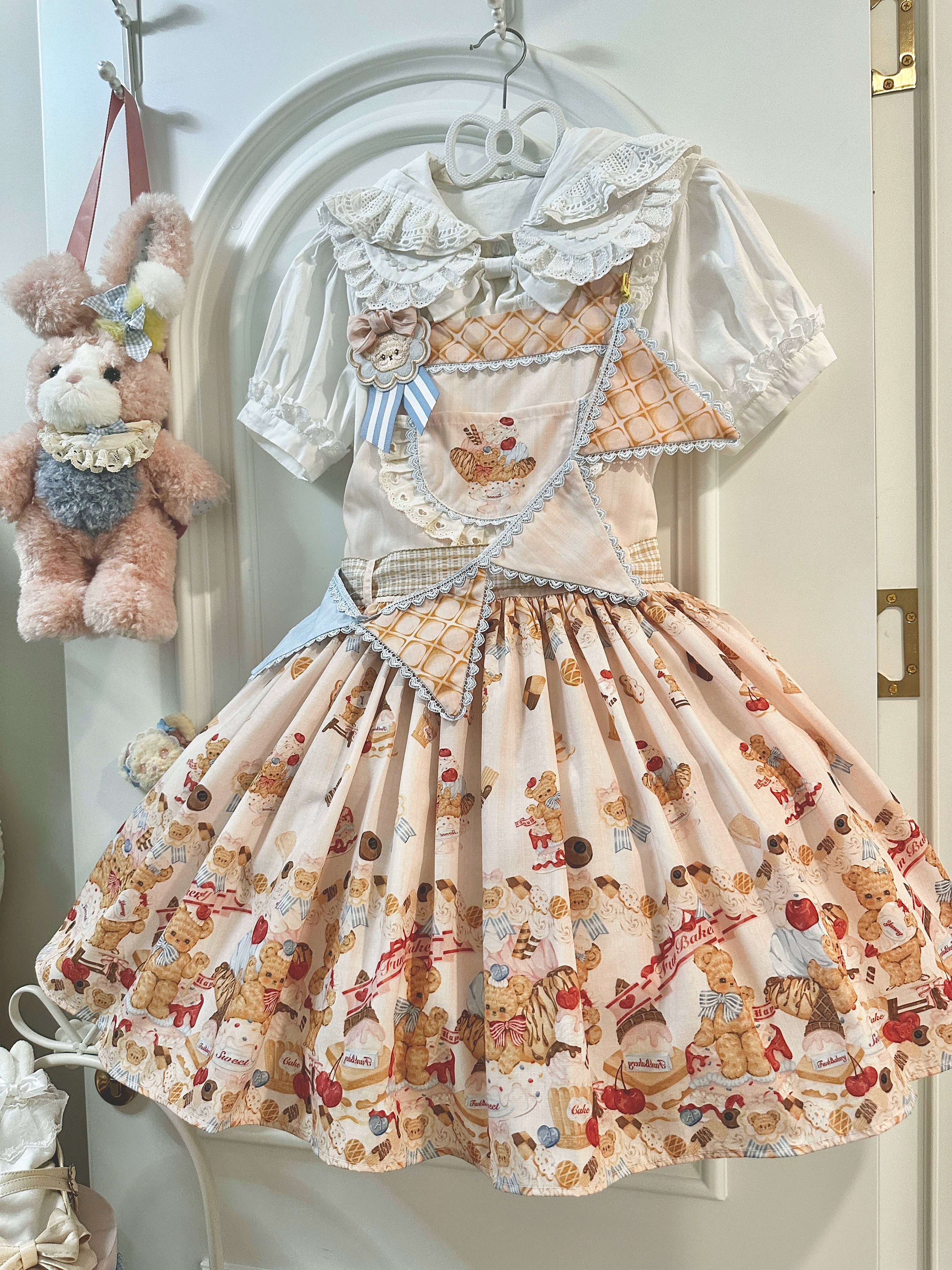 White Tea Story - Little Bear Bonny - Kawaii Lolita Salopette, Bear & Dessert Print