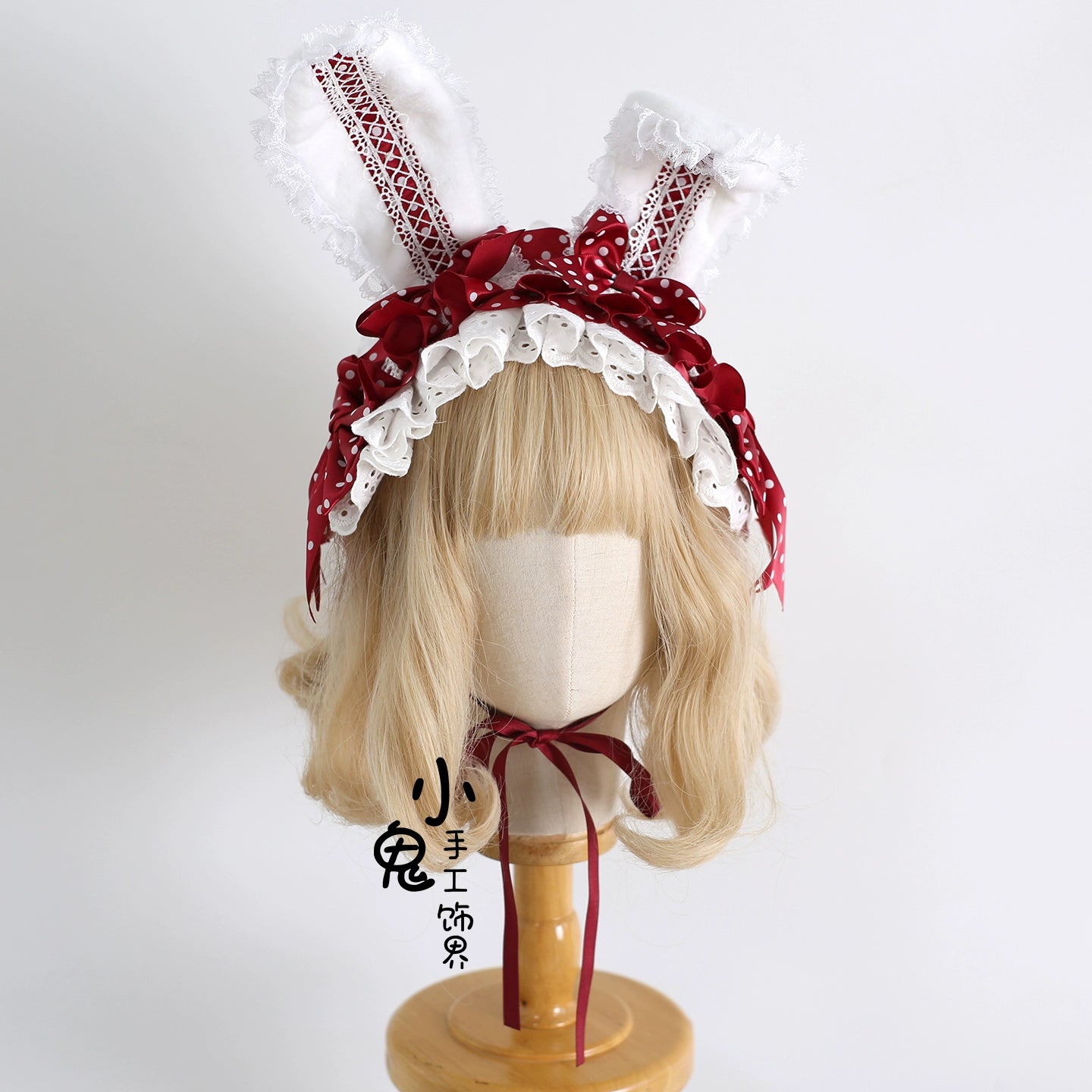 Xiaogui - Sweet Lolita Polka Dot Lace Hairband, Shapeable Bunny Ears 44127:797265