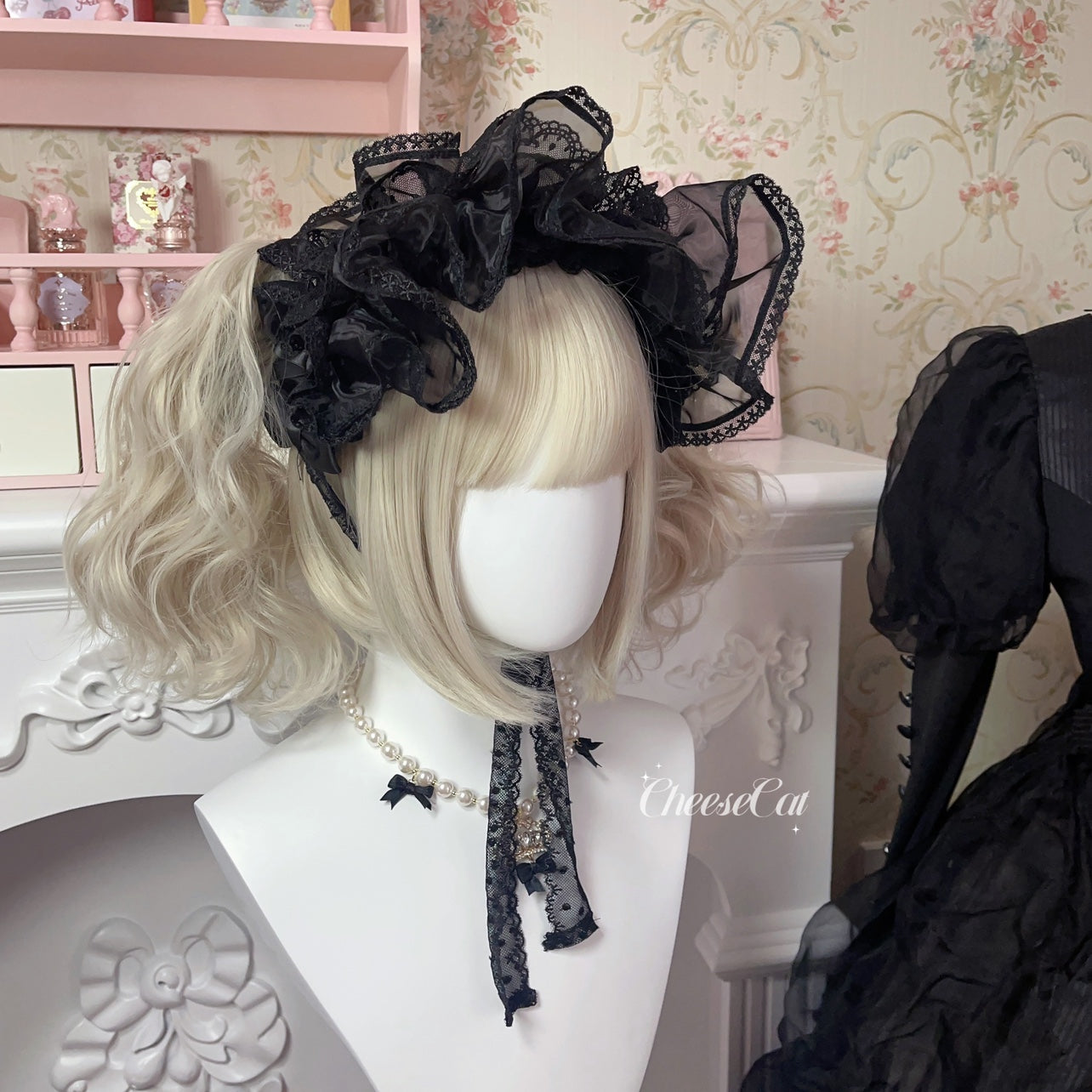 CheeseCat~Sweet Lolita Bonnet Organza Bow Headdress Black Organza BNT  