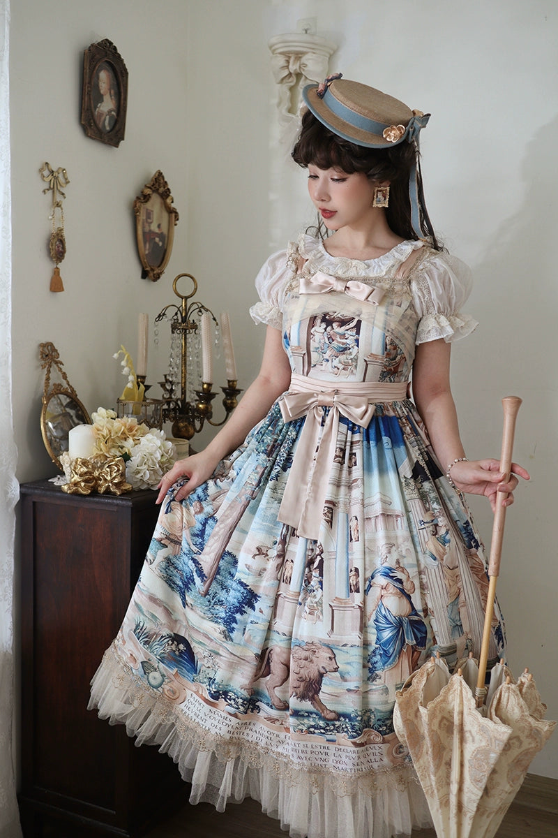 Balladeer Elegant Lolita JSK Dress Long Dress Full Waist Oil Painting L JSK Waist tie detachable