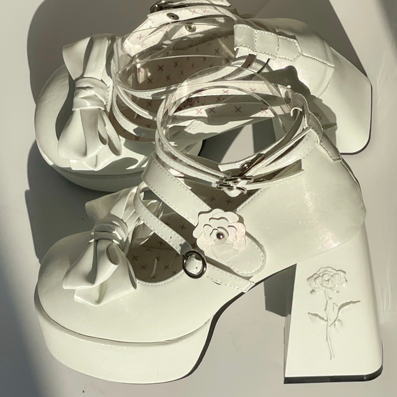 Dreamland - Whispers of the Rose - Daily Lolita Platform Heels Shoes with Relief Rose Moon White (back heel height: 11 cm) 34