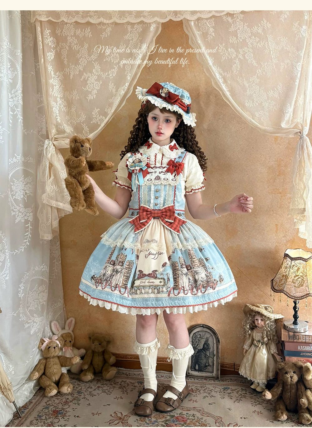 Pancake Postman - Kawaii Lolita Printed OP & Salopette Dress, Lace & Bows