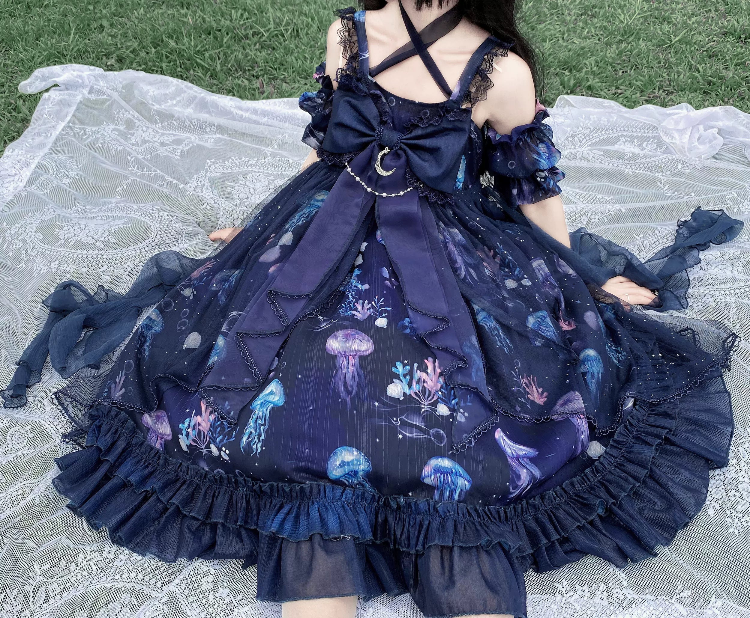 Coral Jellyfish - Sweet Lolita High-waist JSK Dress, Jellyfish & Coral Print 44906:827393