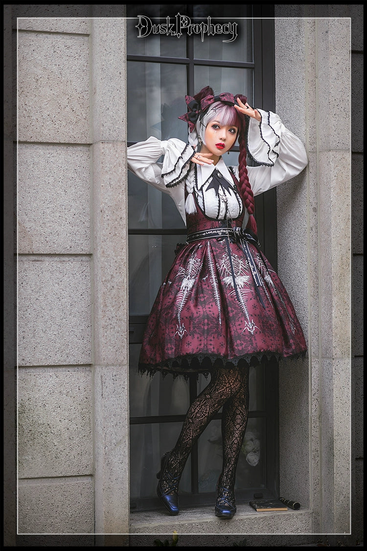 DuskProphecy - Coccyx - Elegant Lolita Dress High Waist Fishbone Print JSK Set 34722:466500
