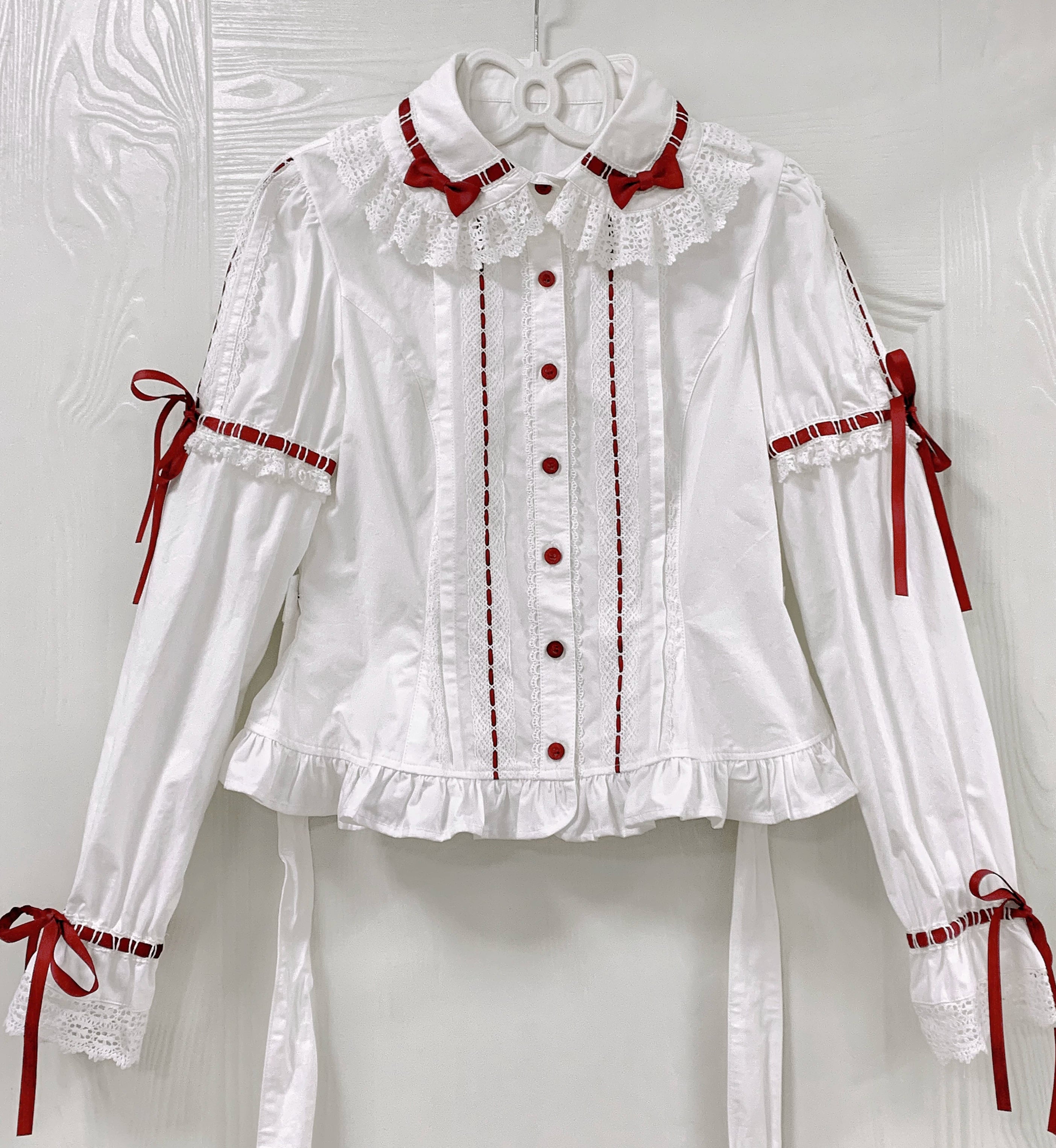 Bunny's Wish - Cotton Sweet Lolita Blouse, Long Sleeve White Blouse with Red Ribbon (Faux Raglan Sleeve) XS