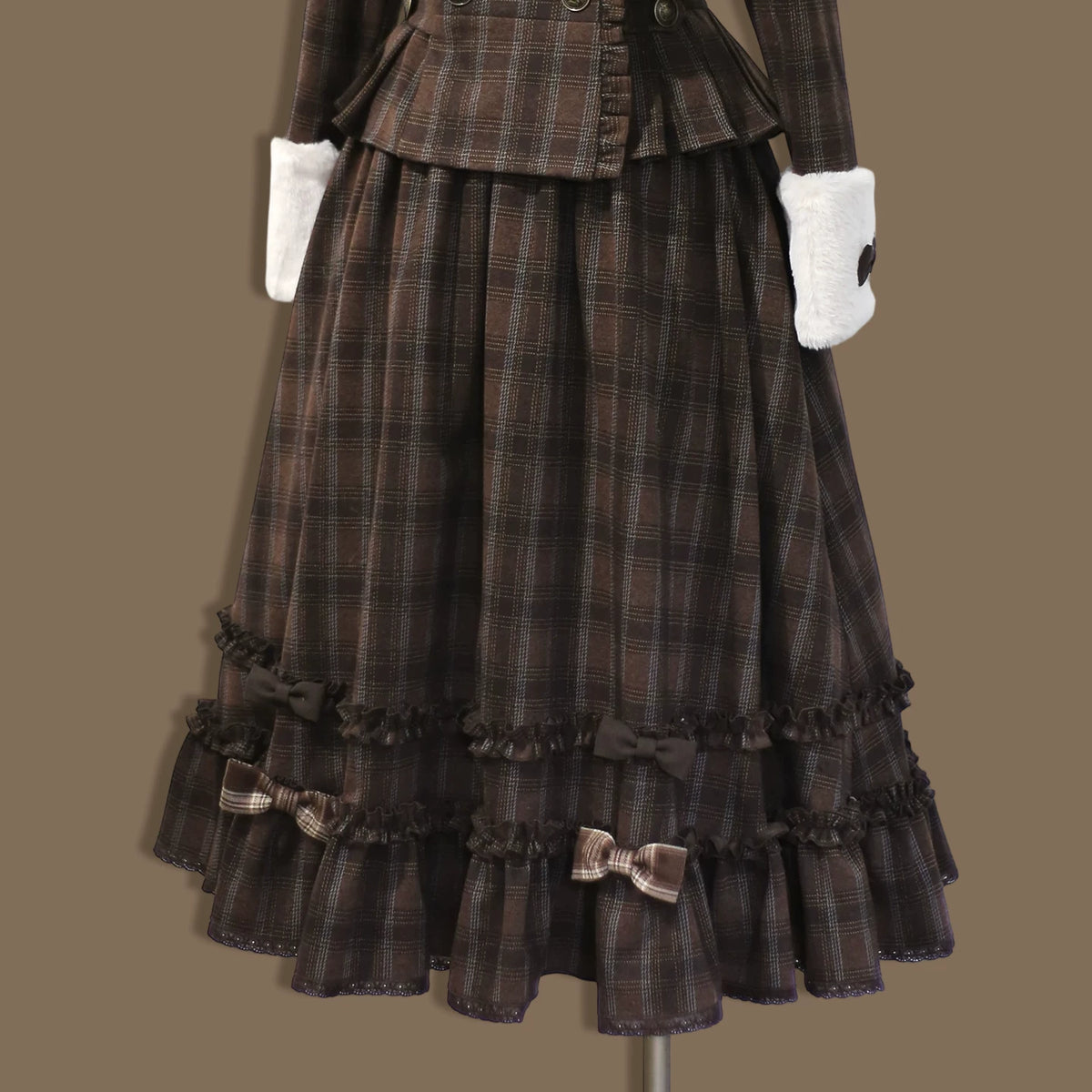 Filled Chocolate - Winter Classic Lolita Plaid Coat Set, Detachable Plush Collar (L M S XL XS) 45900:867145