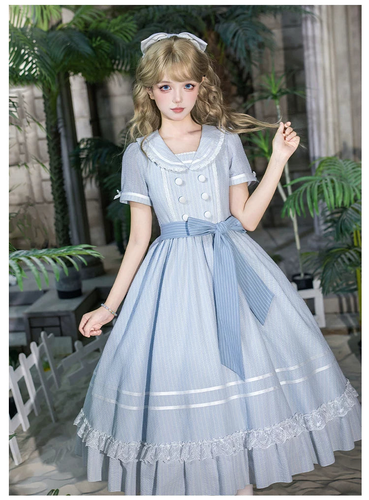 Seven-Day Bell - Blue Classic Lolita Striped OP Dress, Sailor Collar 45166:837893