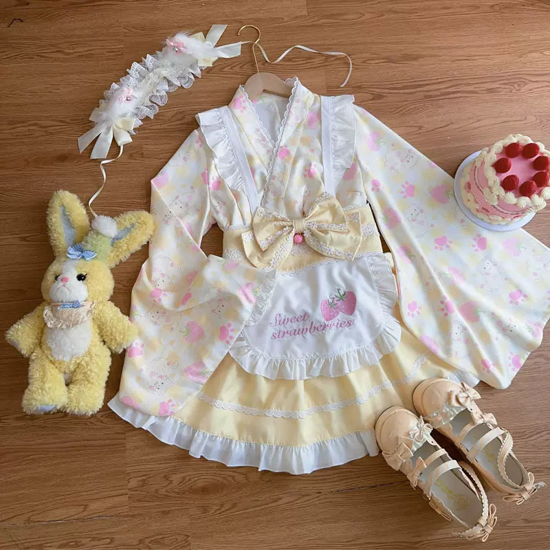 Hanguliang - Han Lolita OP Dress Japanese Style Dress for Summer Wear Yellow (top + skirt + apron + waistband bow + cardboard box) S