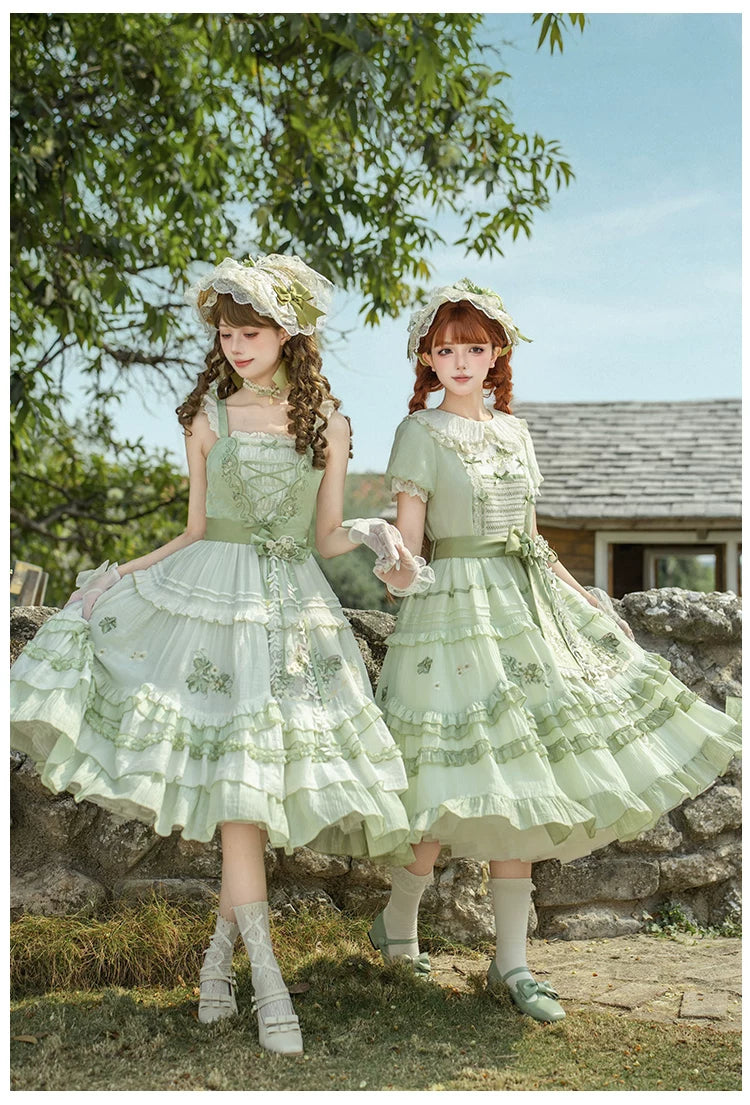 Green Grape - Embroidered Country Lolita OP Dress, Tiered JSK