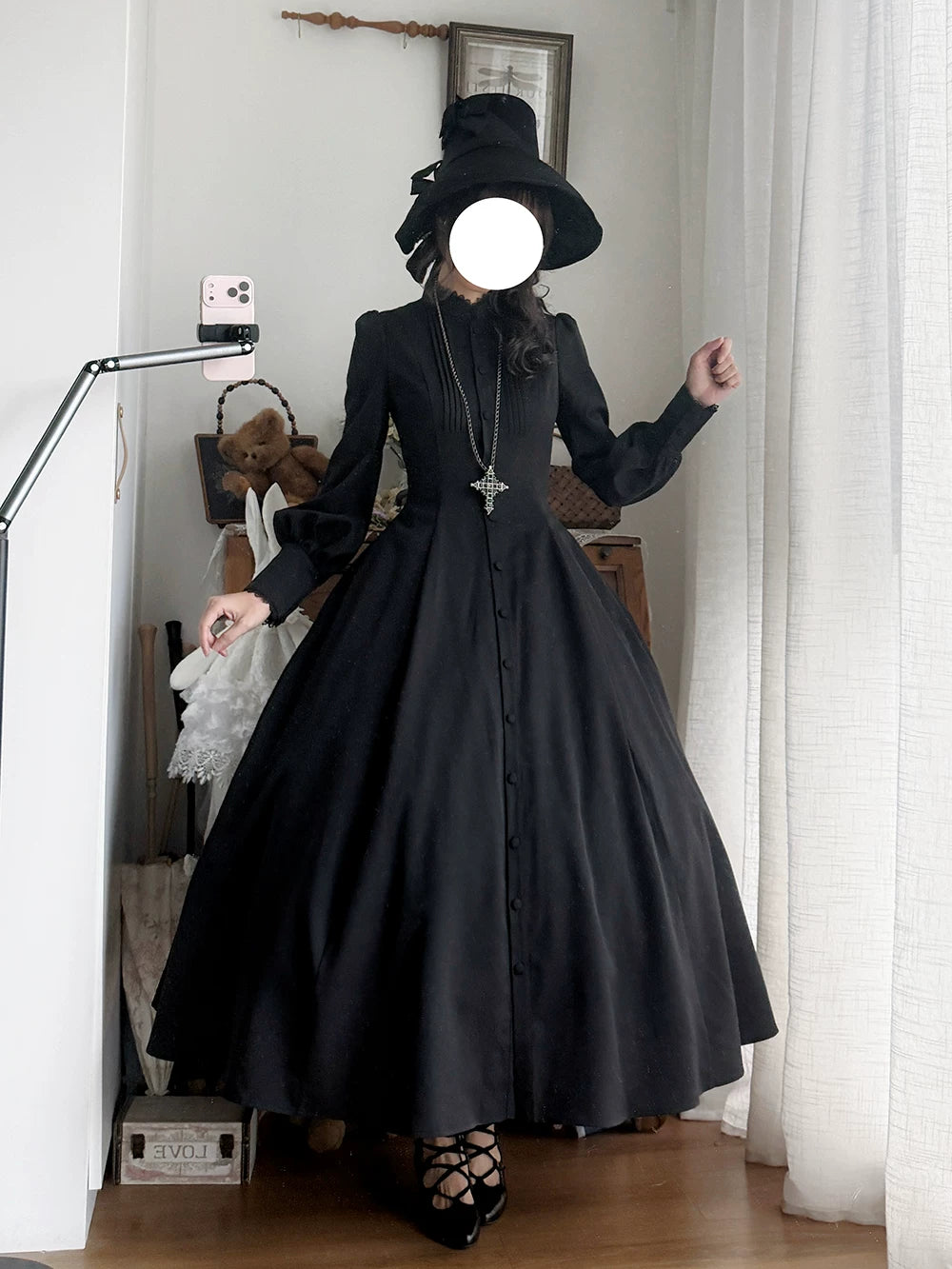 Astrea - Black Classic Lolita Long OP Dress, Side Pockets