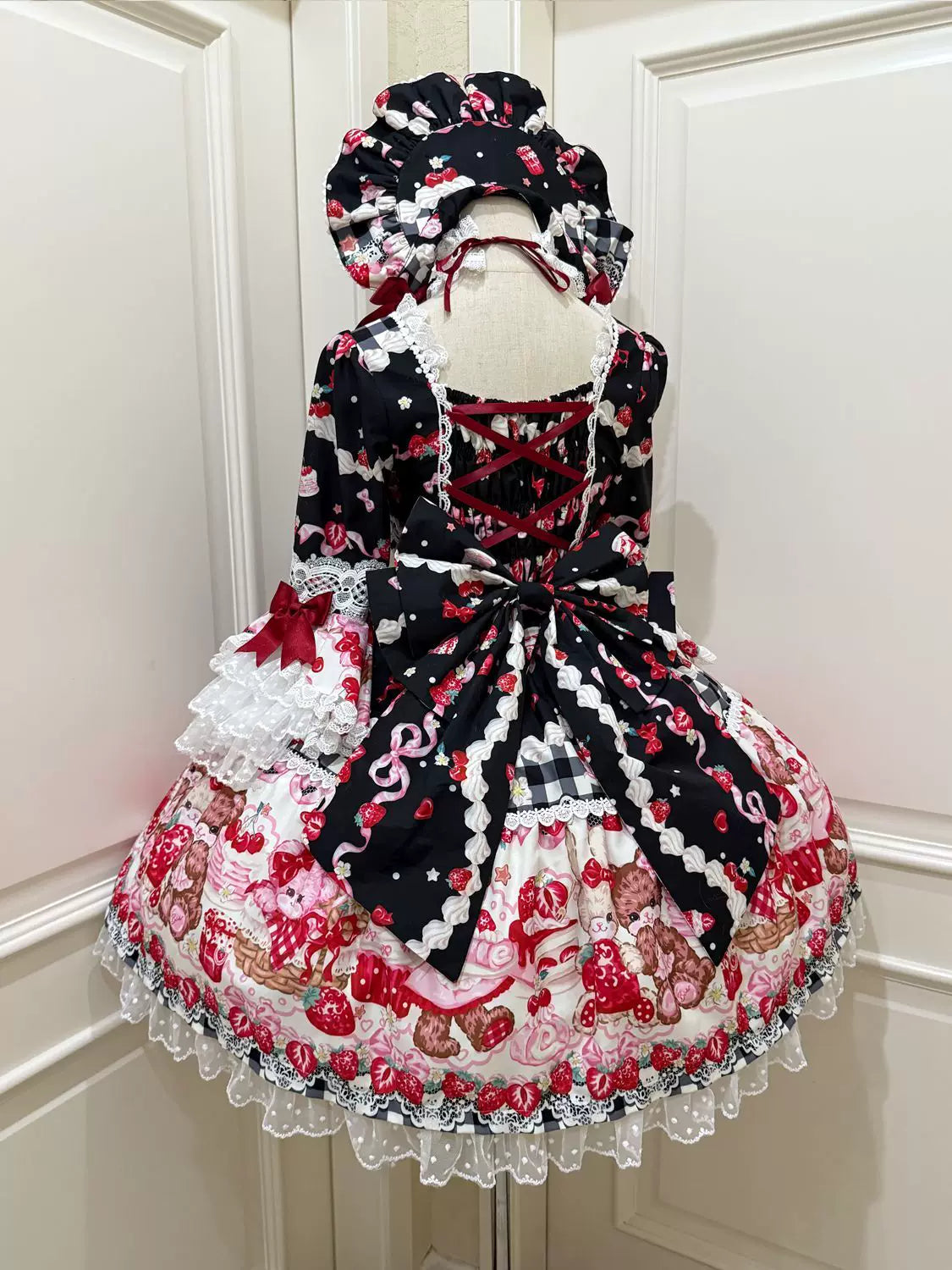 SweetBerry Bunny Bear - Sweet Lolita Hime Sleeve OP Dress, Strawberry and Bear Print Black - OP + Back Trailing Bow S