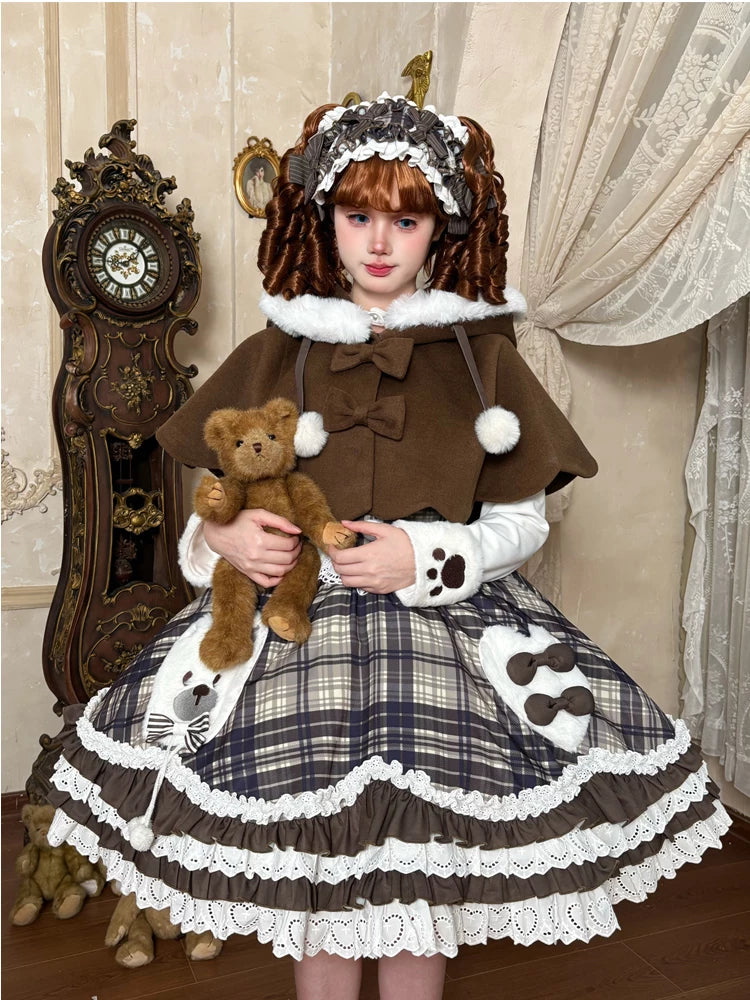 Winter Sweet Lolita Cape & JSK Dress Set, Teddy Bear Patch 45974:870028