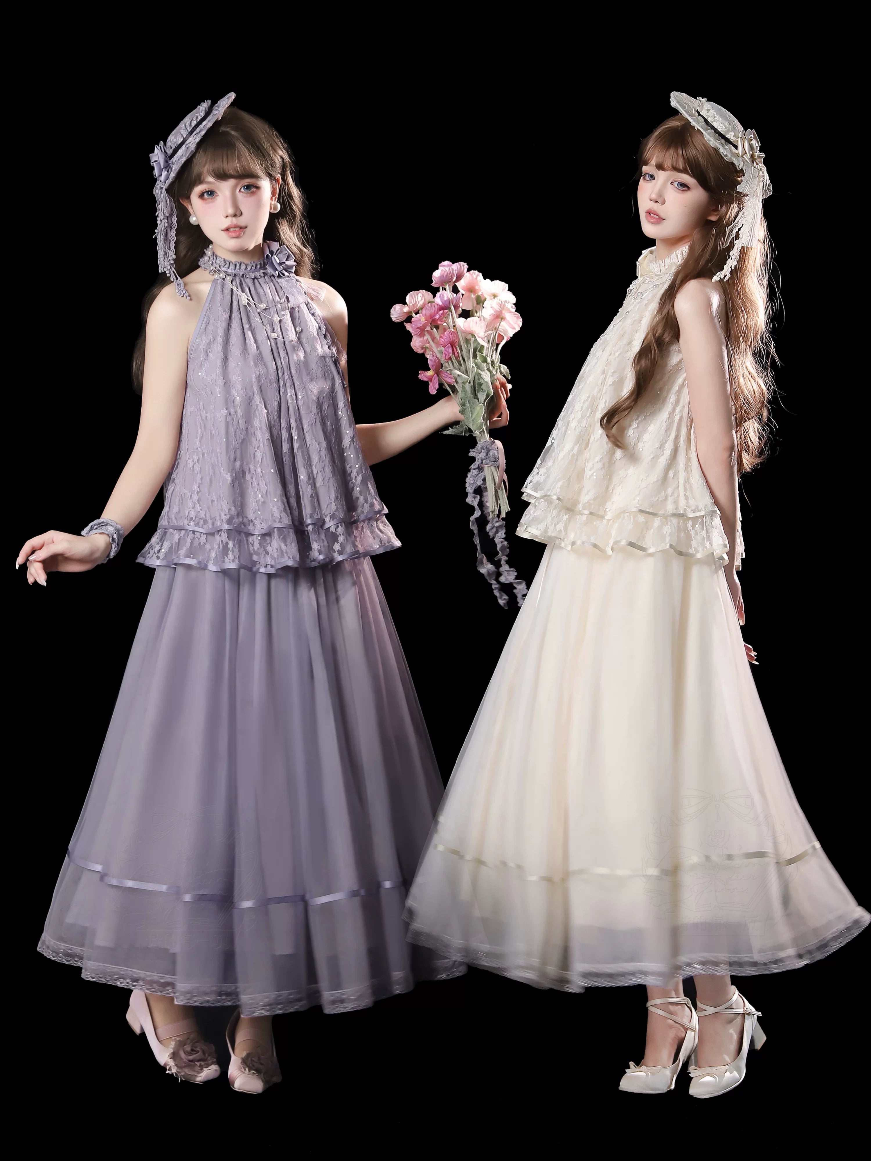 Moonlight Ode - Classic Lolita Lace Halter-neck Blouse & Tulle Skirt Set