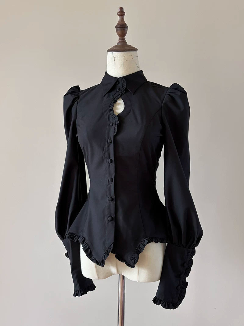 Shadow Hymn - Gothic Lolita Solid Shirt & Skirt, Side Zipper Black - Shirt S