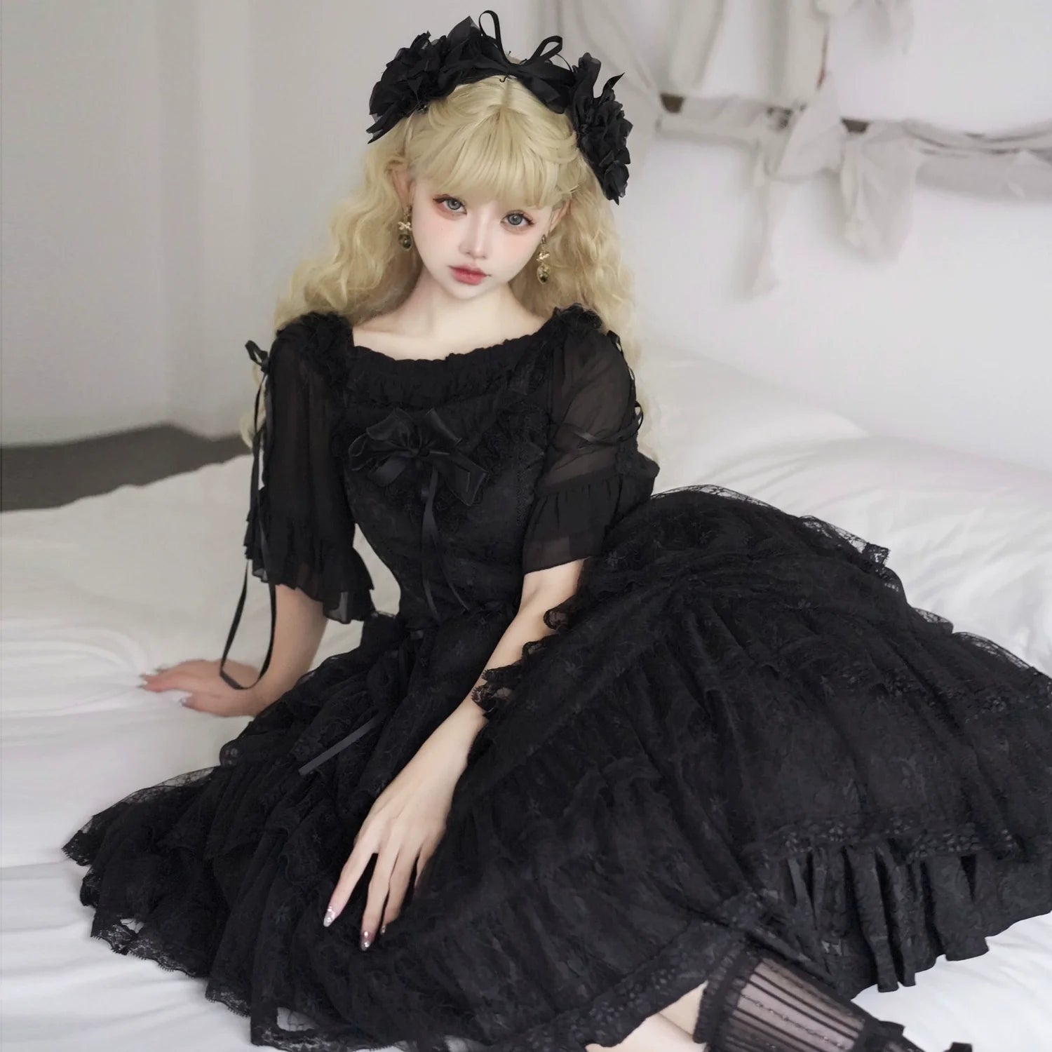 Eieyomi - Iris Love - Elegant Black Lolita JSK Dress, Short Sleeve 44383:806047