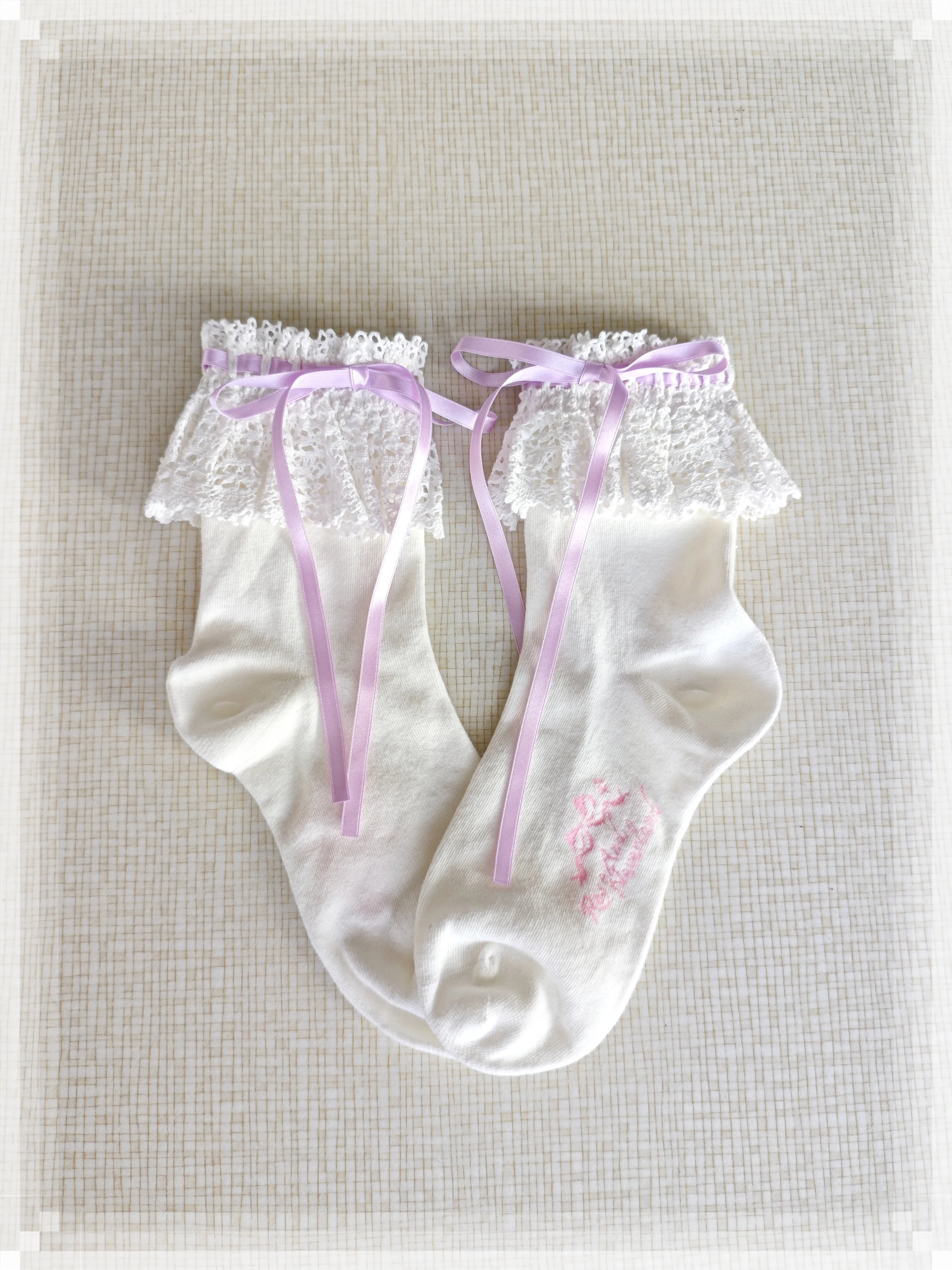 Cotton Old School Lolita White Socks with Colorful Ribbon Bows 45537:853895