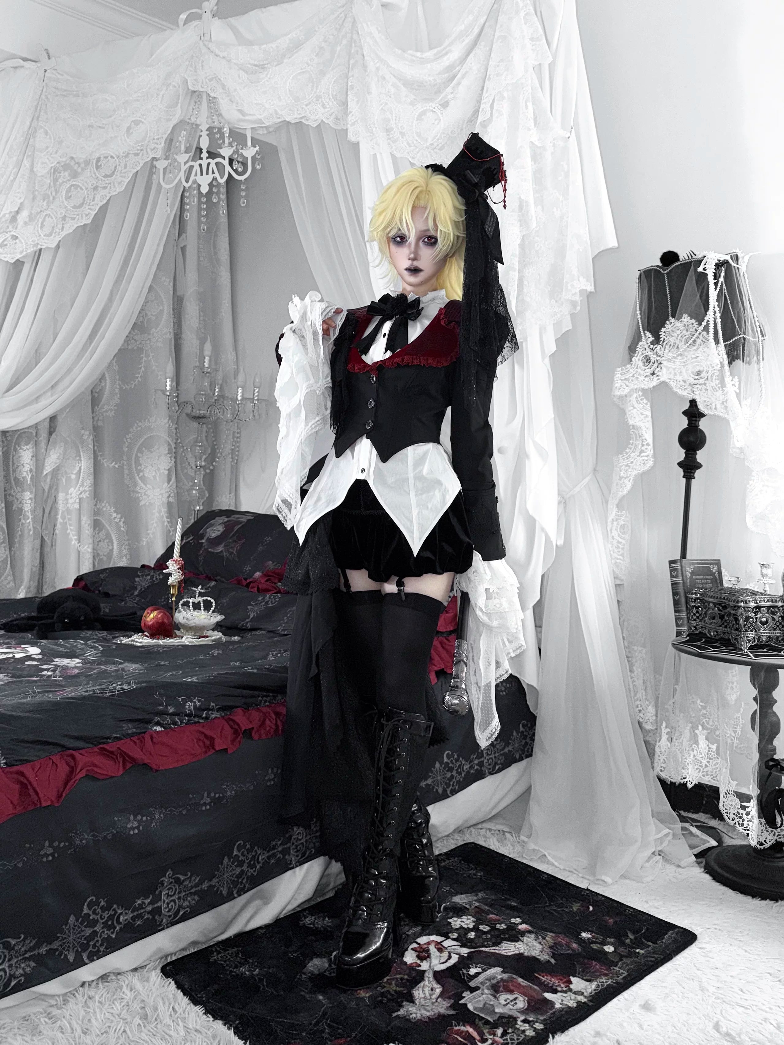 Monster Strawberry Hunt - Gothic Lolita Strawberry Printed Velvet Dress Set 45737:859878