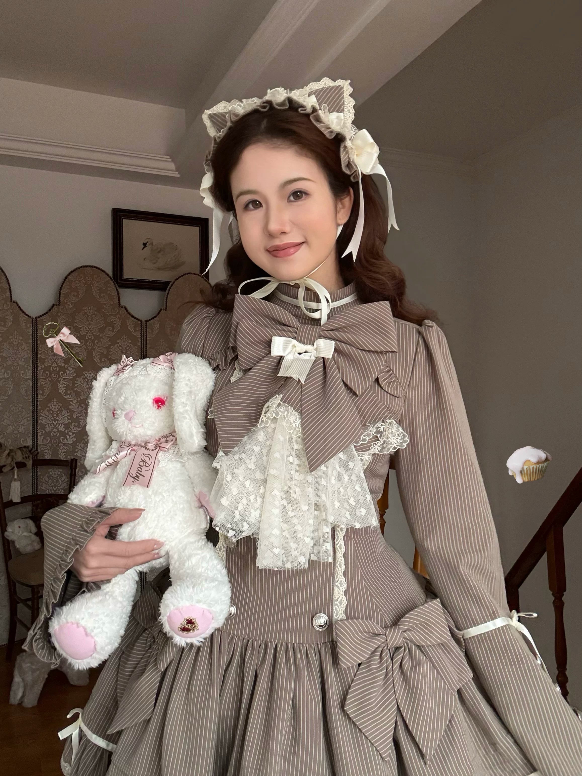 Phantom Kitty - Old School Lolita Low Waist OP Dress, Lace & Bow 45119:836169