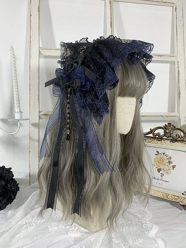 Sweet Jelly Lolita - Gothic Lolita Headband Black Bow Lace Hair Accessory black-blue headband