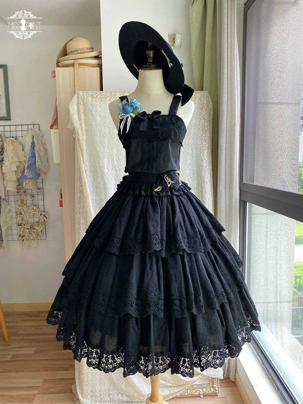 Miss Point - Forest Waltz - Cotton Lolita Camisole Embroidered Cami Top XS Black Loose camisole(with a bow pin)