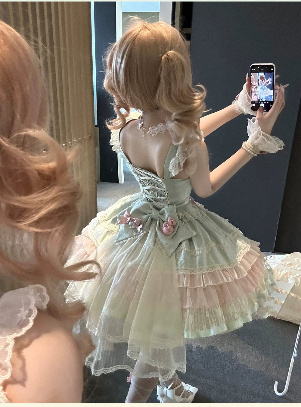 Lotus Crossing - Sweet Lolita Tiered Hem JSK Dress with Satin Bow 45302:844785