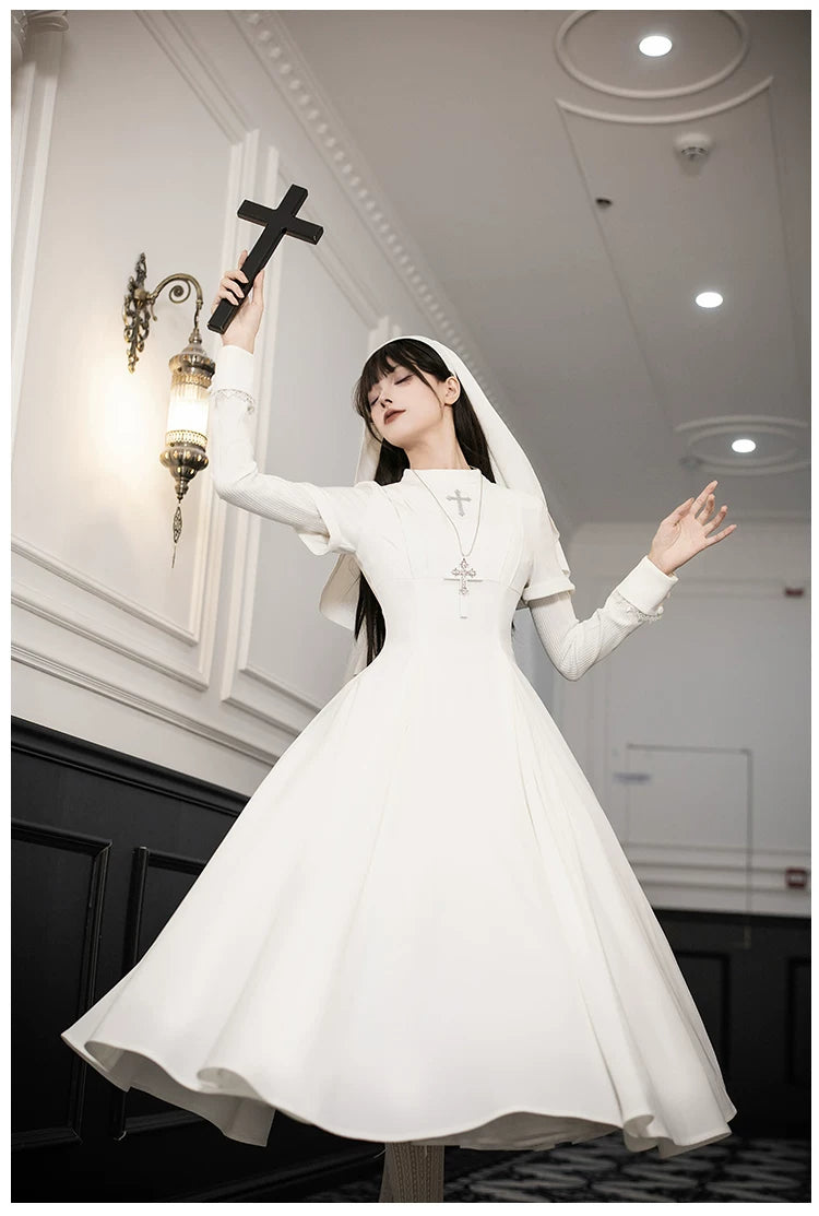 Nihil - Gothic Nun Lolita OP Dress, Irregular Hem Cape 44717:819721