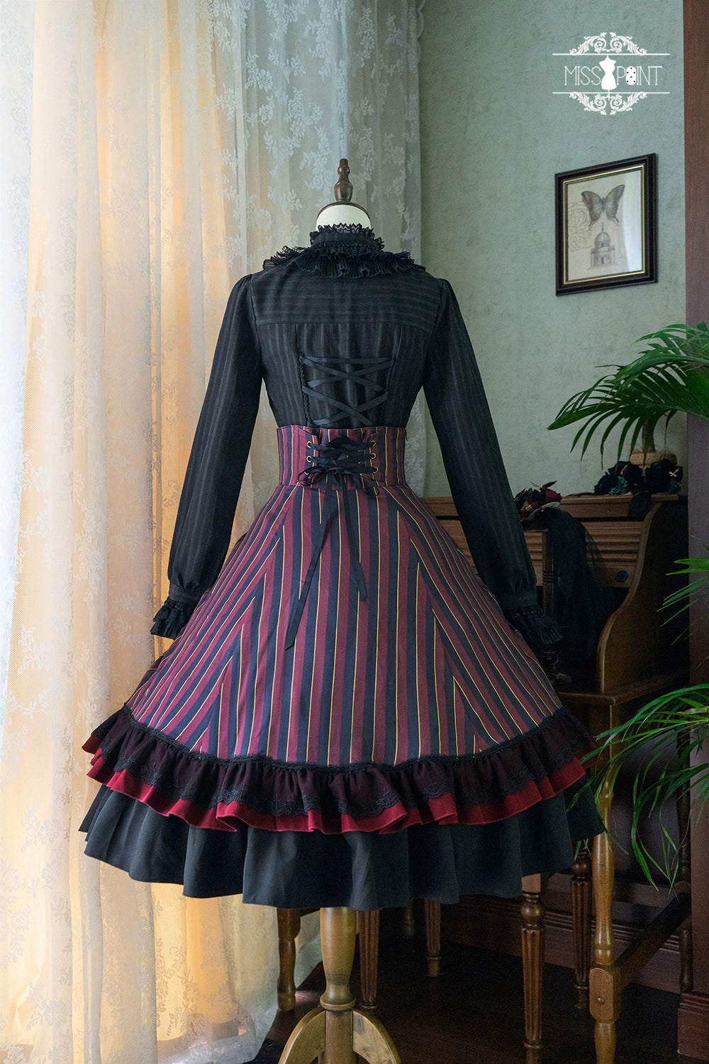 (Buyforme)Miss Point~Customized Lolita Elegant Striped High Waisted Fishbone SK 21544:312686