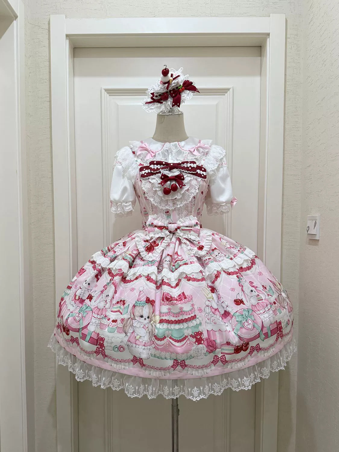 Hanguliang - Cherry Bake Song - Kawaii Lolita JSK Dress With Dessert Print & Cherry Bow Pink JSK Only S