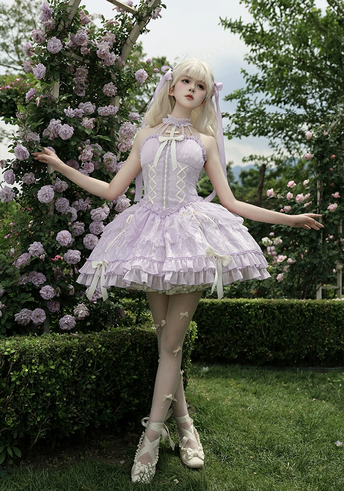 Alice Girl - Cross Maiden - Gothic Lolita Purple JSK Dress With Cross Halterneck & Voile Overlay