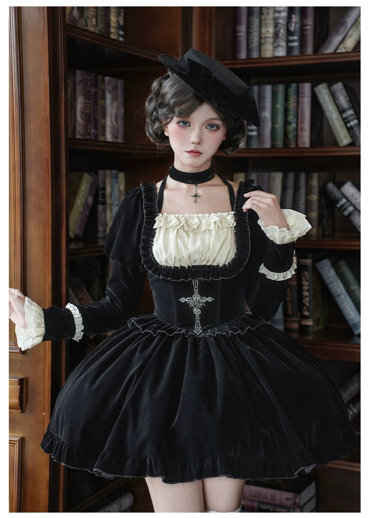 With PUJI - Apocalypse - Gothic Lolita Velvet OP Dress Set, Fishbone Waist 44128:797130