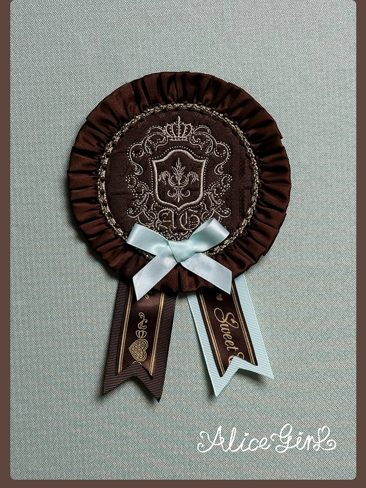Alice Girl - Bear Chocolate Slab - Jacquard Classic Lolita Accessories One Size Chocolate Brown with Mint Green Bow - Badge