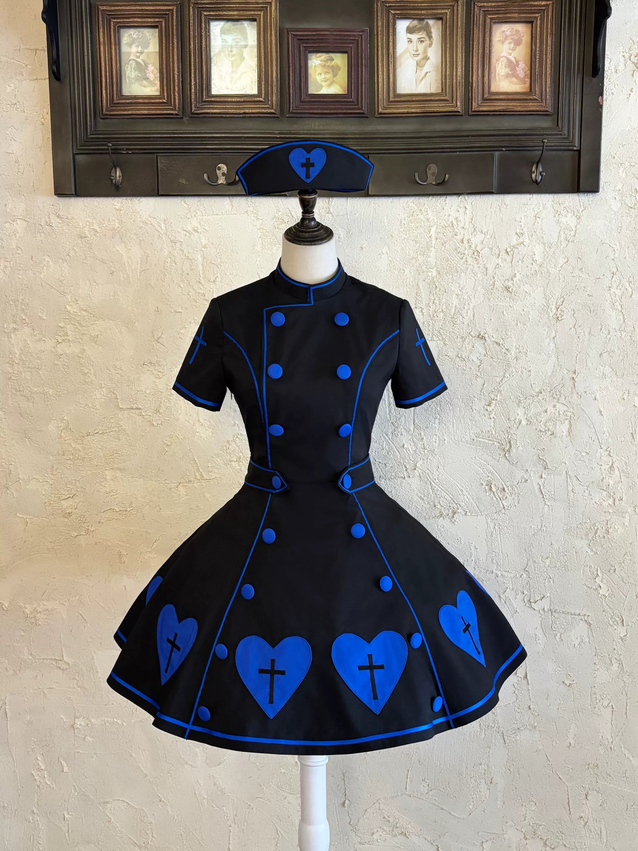 Sweet Heart Hospital - Old School Lolita Stand Collar OP Dress, Heart-cross Patches Black OP Only XS