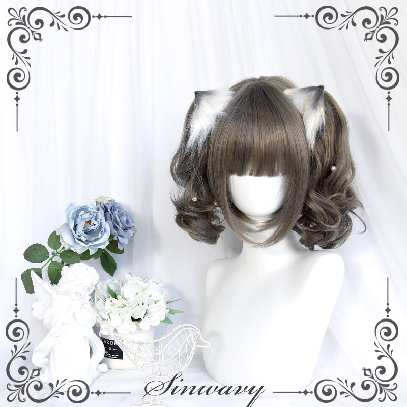 Sinwavy~Pandora's Box~Lolita Short Wig with Cute Double Ponytails flaxen gray - water wave curls, only a pair of ponytails 33090:432096