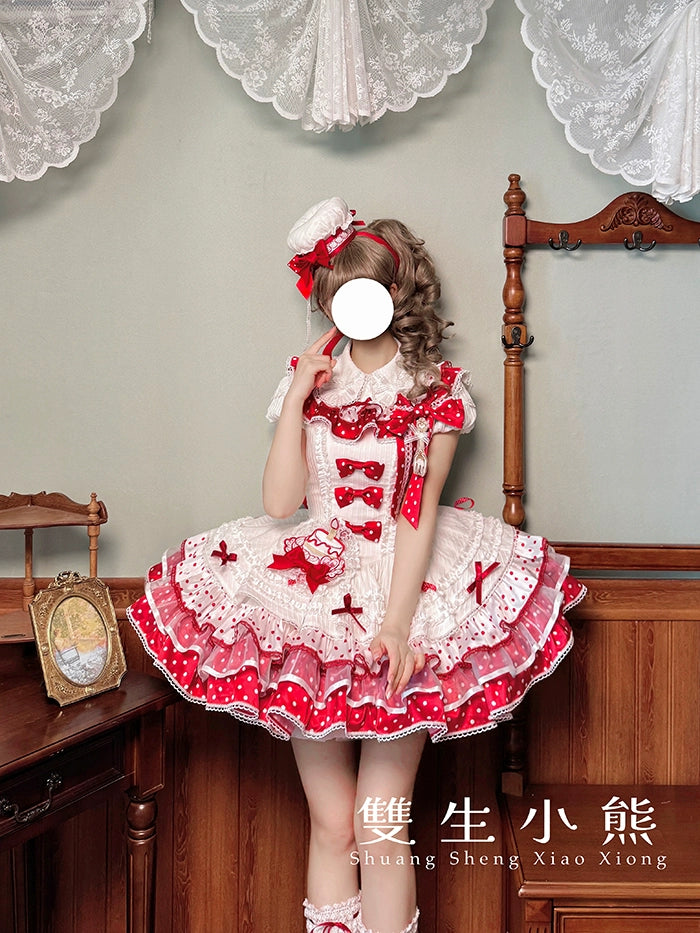 Shuang Sheng Xiao Xiong - Bite The Cake - Sweet Lolita Dress, Red & White Polka Dots 43600:780699