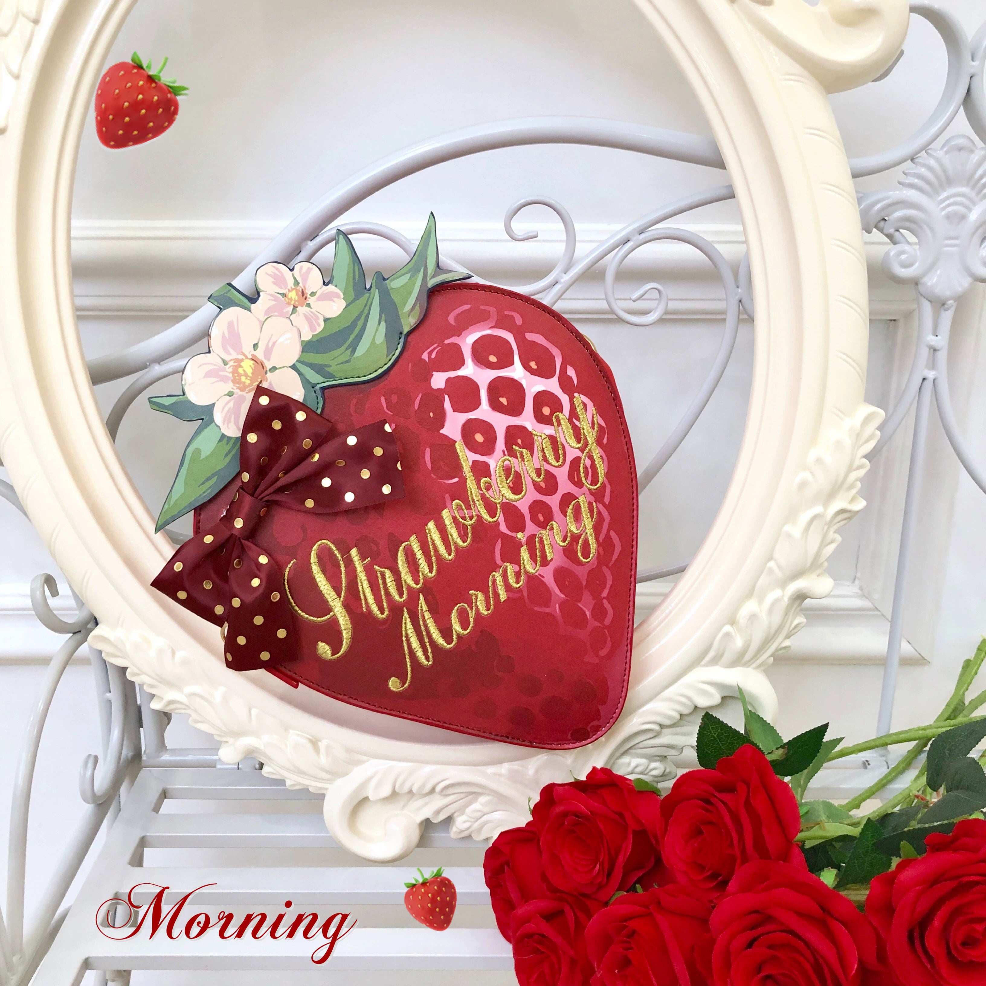 Morning Glory - A Strawberry - Sweet Lolita Crossbody Bag Strawberry Printed Handbag Large strawberry bag-bow version