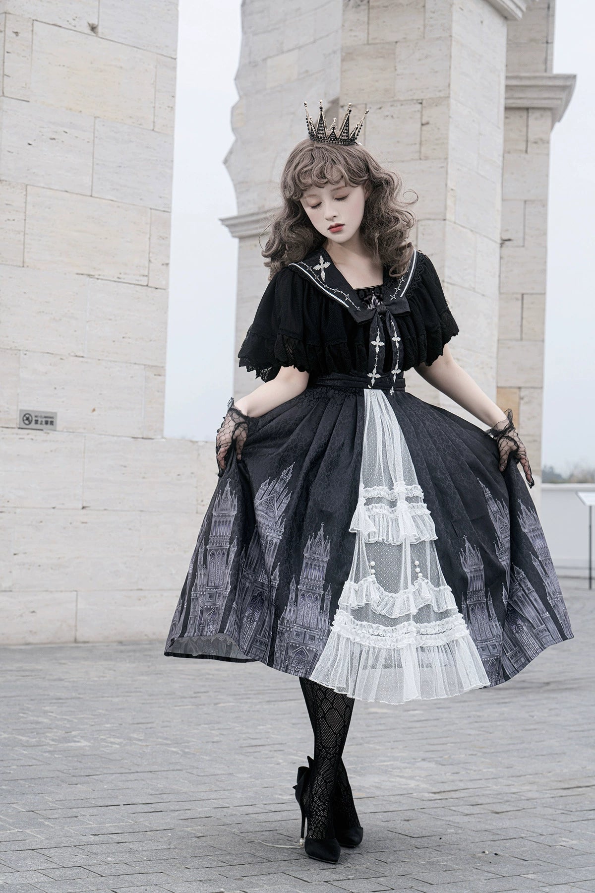 Cornfield Lolita - Silent Church - Gothic Lolita JSK Front Open Printed Dress and Thin Cardigan Set
