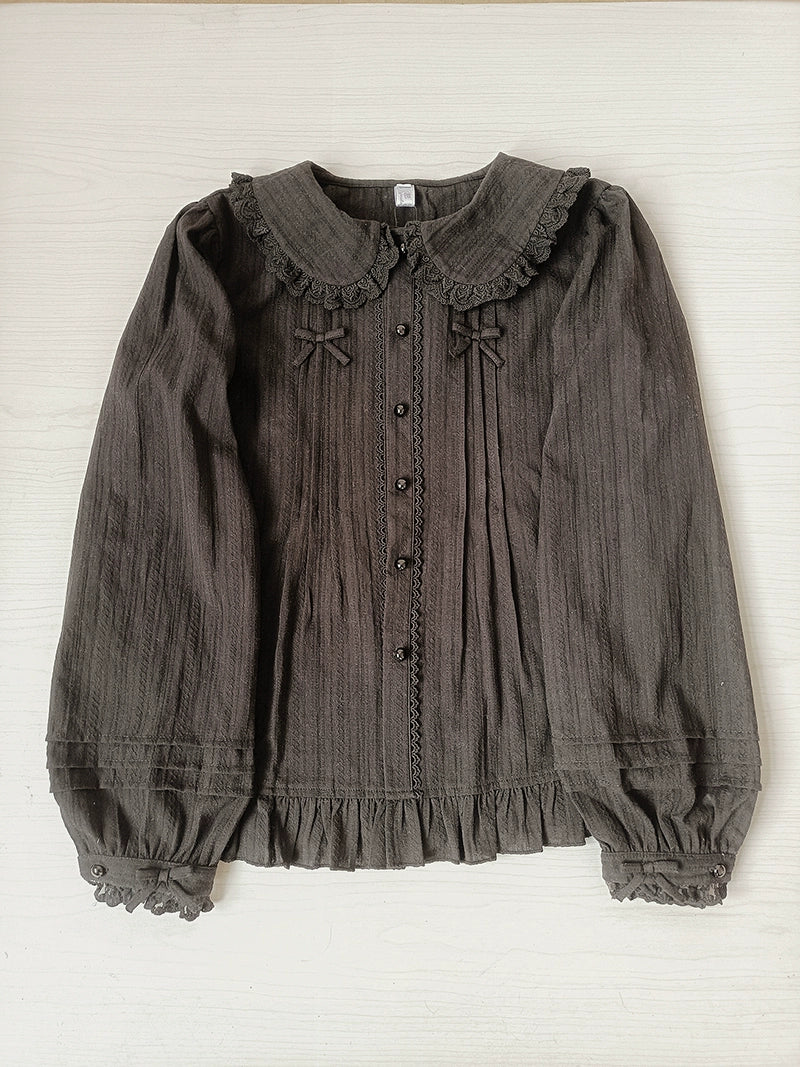 Youlan Lane - Cotton Sweet Lolita Blouse, Single / Fleece Lined Version Black Long Sleeve Blouse XS