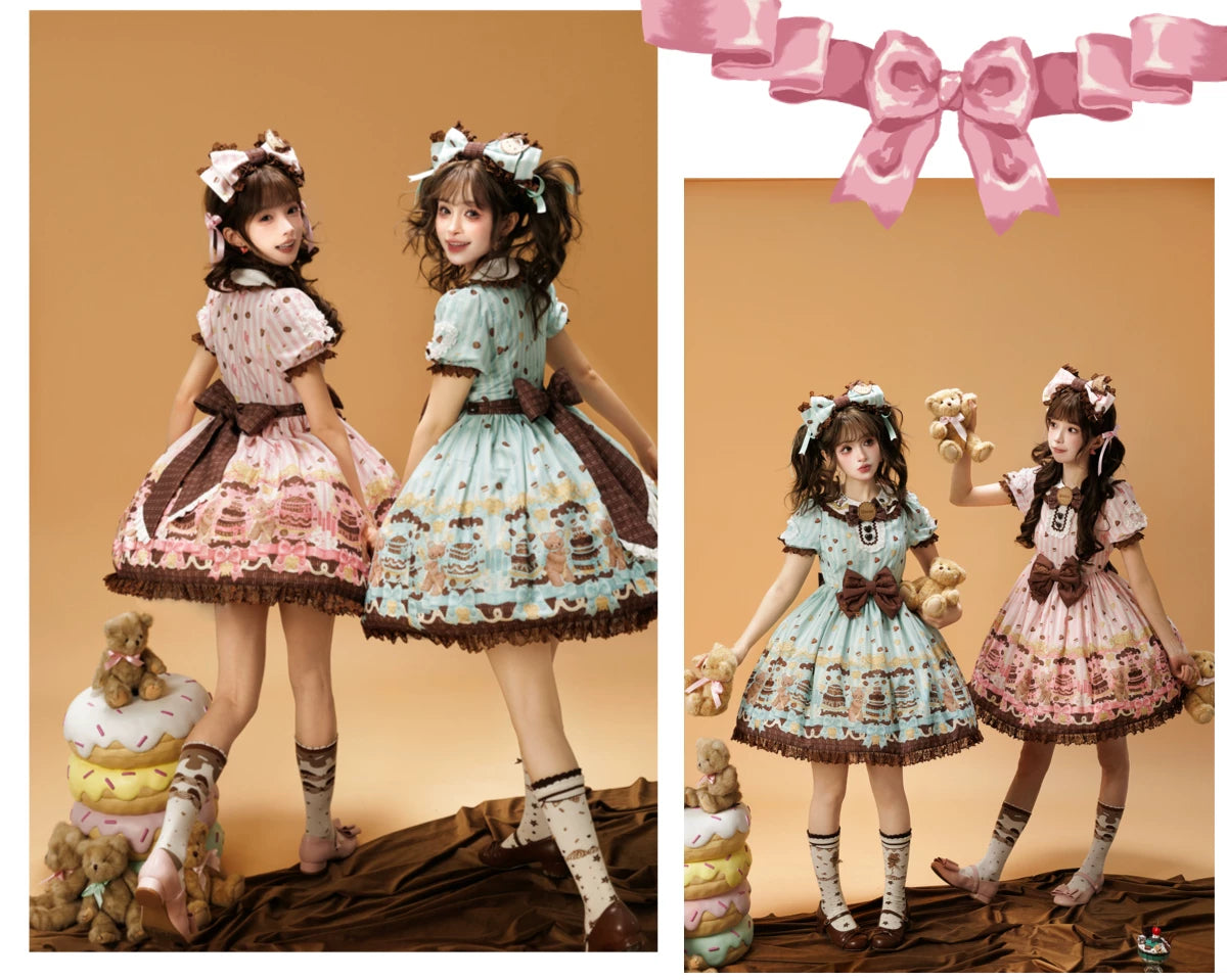 Cake Bear - Sweet Lolita Embroidered Collar Dress, Bear and Cake Print