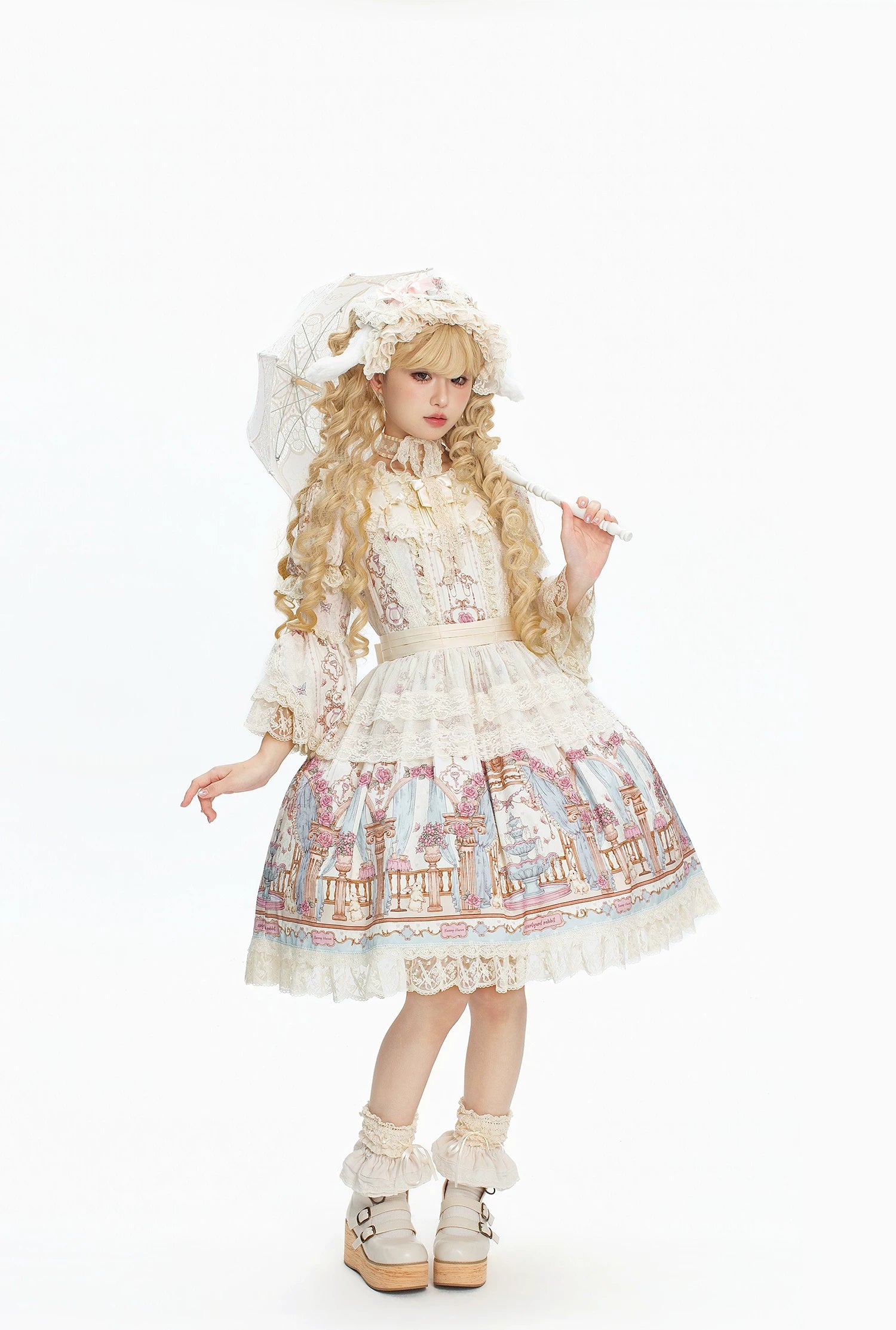 Wandering Rabbit's Palace - Doll-like Classic Lolita Palace Print OP Dress with Lace