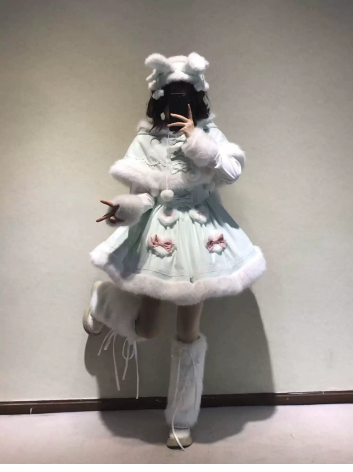 Sweet Dream Bunny - Sweet Lolita Cape & JSK Dress Set, Faux Fur Bunny Ear 46120:875824