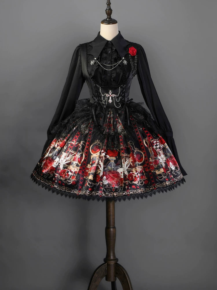 Blood Research Lab - Gothic Lolita JSK Dress, Rose & Skull Print (L M S) 44449:808775