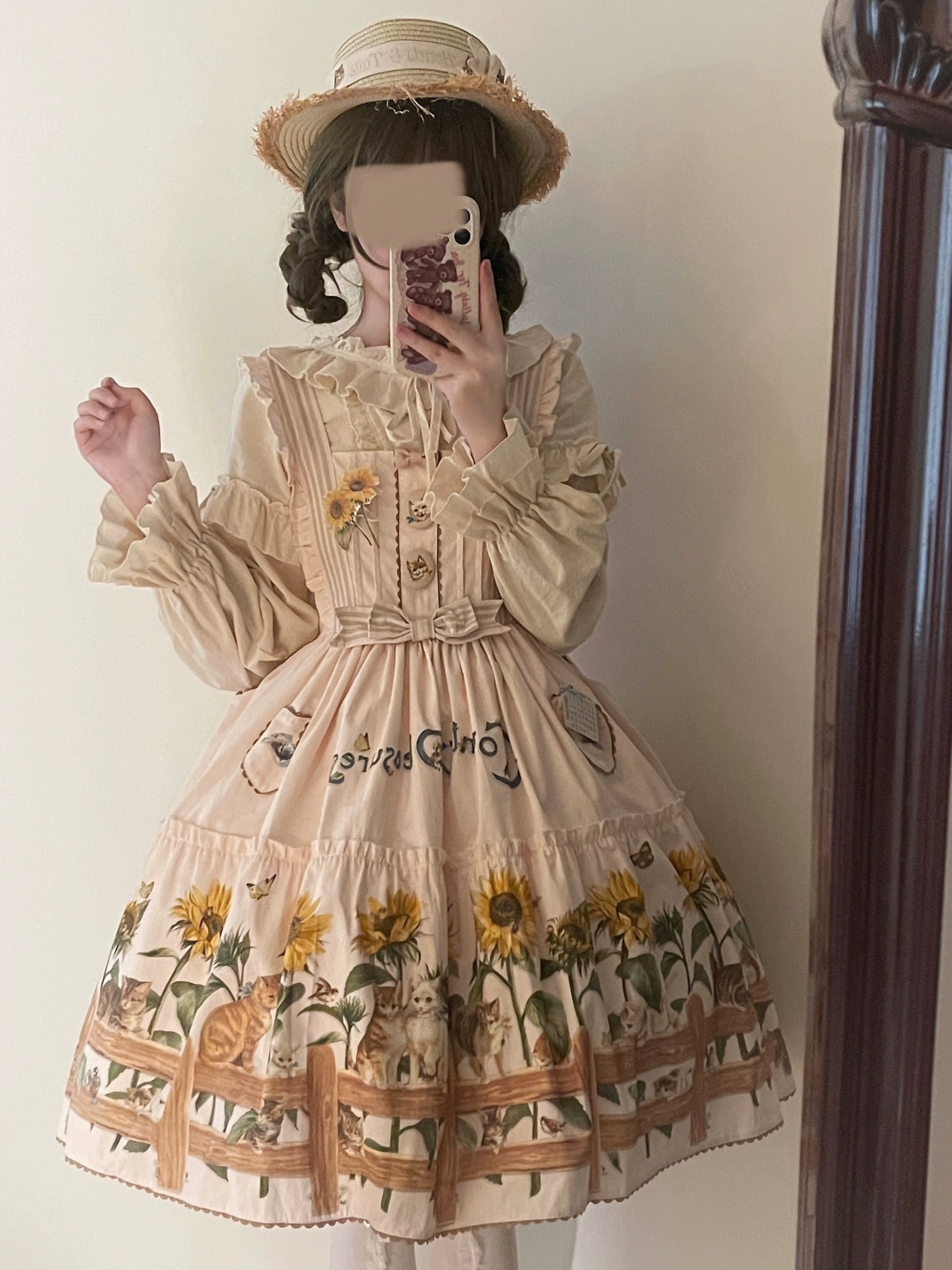 Polaris Lolita - Cat and Sunflower - Sweet Lolita JSK Cat and Sunflower Print Dress and Headdress Set 36738:526352