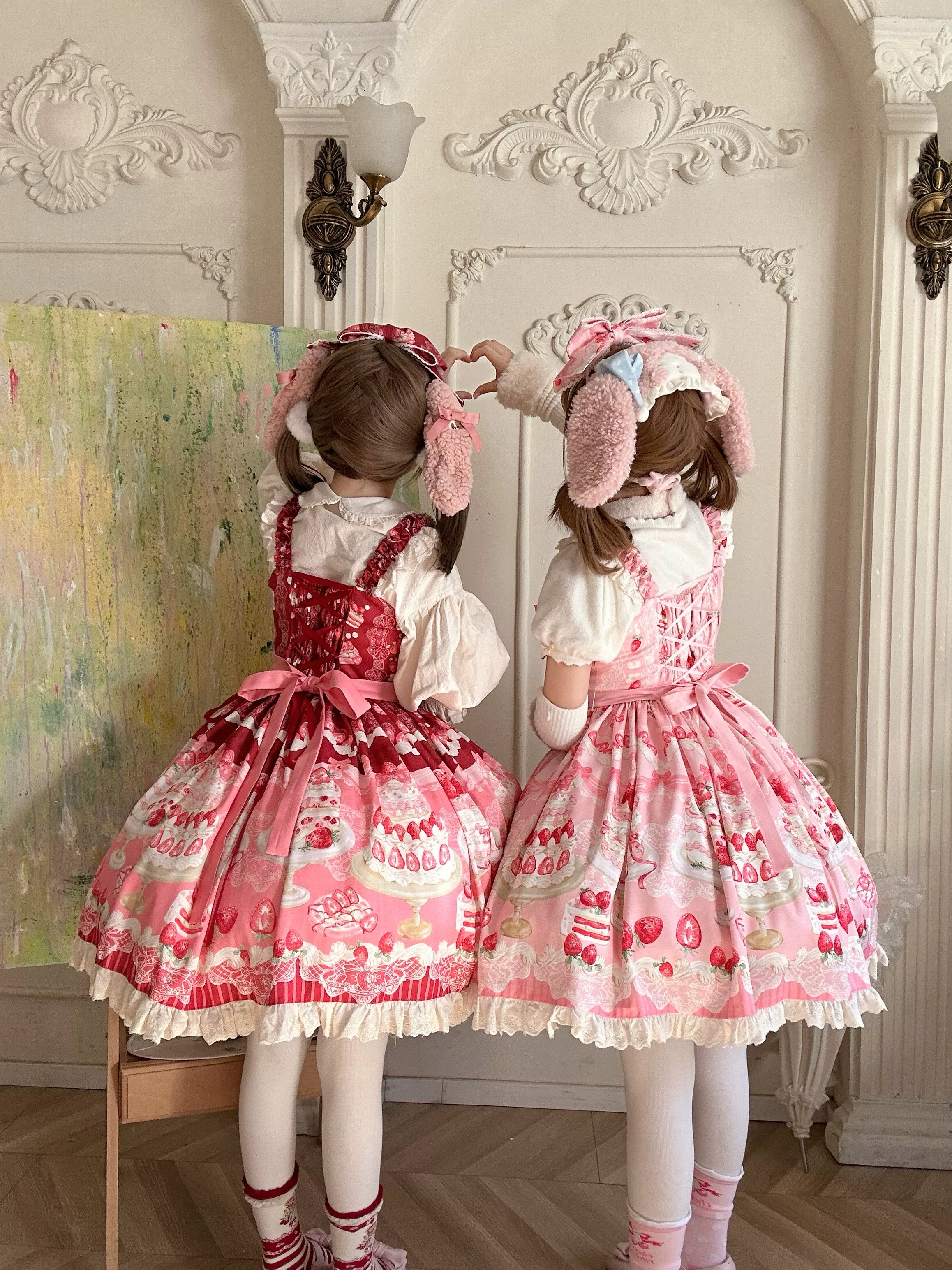 Strawberry Cake - Printed Sweet Lolita JSK Dress, Plush Bunny Ear KC